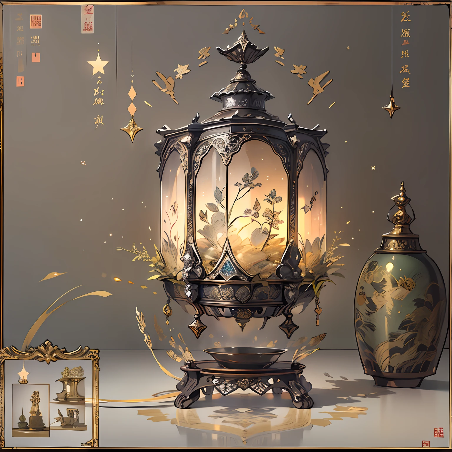 A palace lamp of lamp shadow beef made from a sugar rack，The surface of the lamp has a rich image pattern，The overall palace lamp is transparent，delicated，Beautiful ,in the style of the stars art group xing xing, 32K, Best quality, Masterpiece, Super detail, High details,