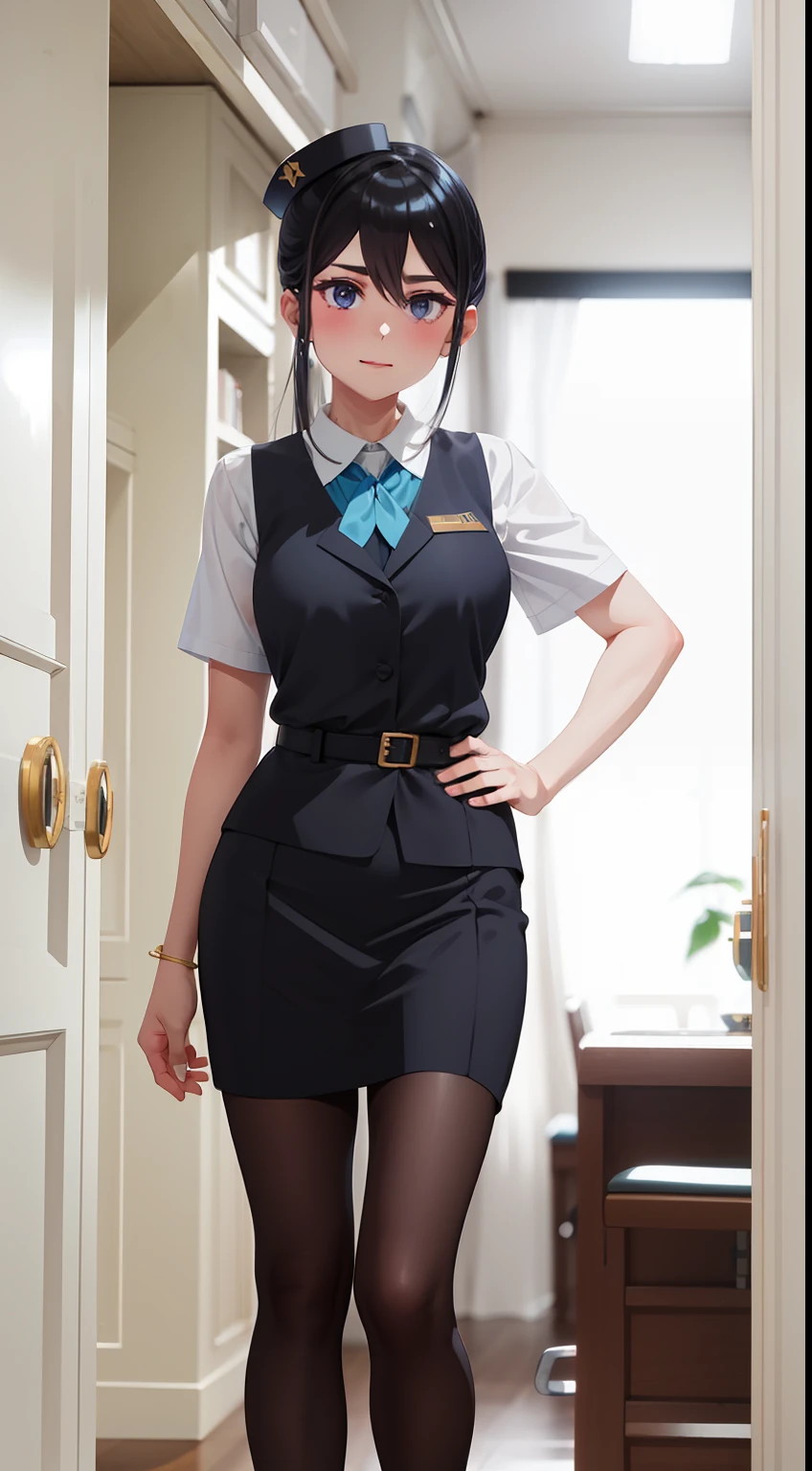 Guli Naza， hentail realism，1girll， 独奏， short detailed hair， mediuml breasts， （Split color hair， Black hair， Dark black hair： 1.3）， Black colored eyes， ssmile， standing on your feet， dynamicposes， 8K， tmasterpiece， best qualtiy， Perfect flight attendant uniform， Female hat，cinmatic lighting， cowboy lens， white  clothes（flightattendantuniform：1.1）， （kitchens、sobu：1.1），Street photography