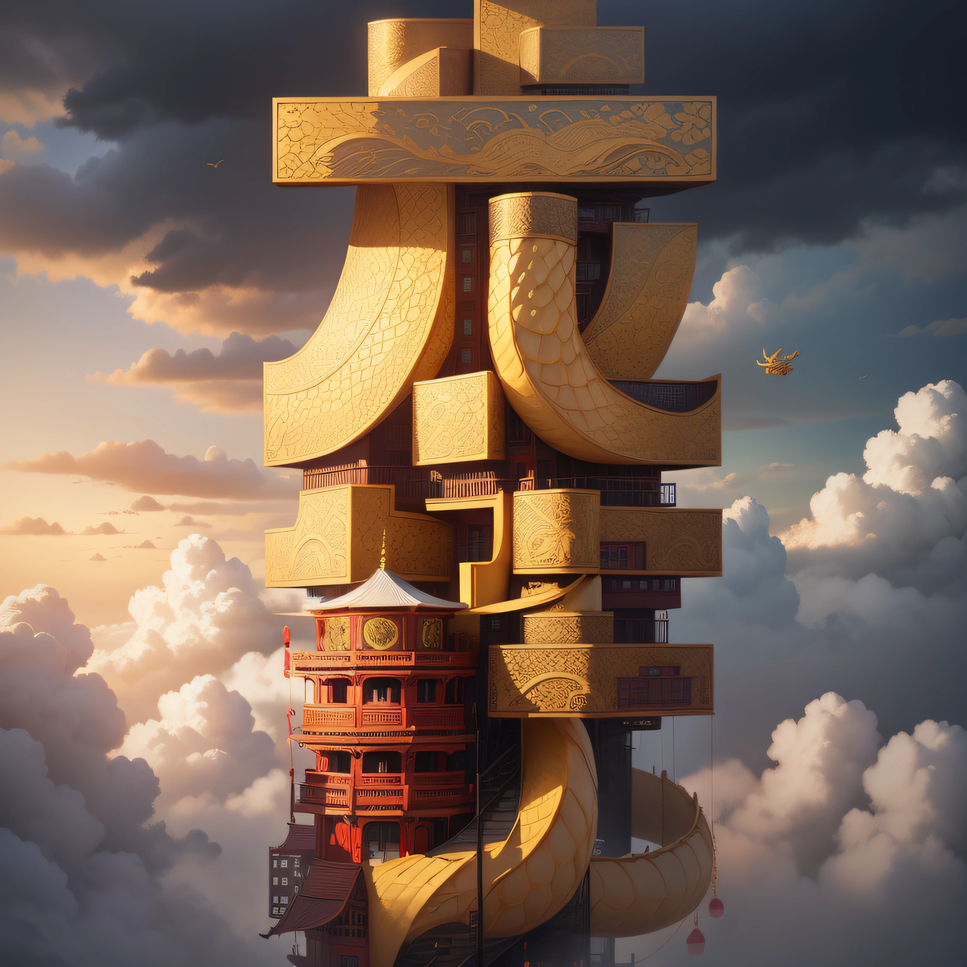 The flying dragon hovers over the Chinese-style building,gold,totem,tmasterpiece,Intricate patterns on the building,Best quality,ultra - detailed。