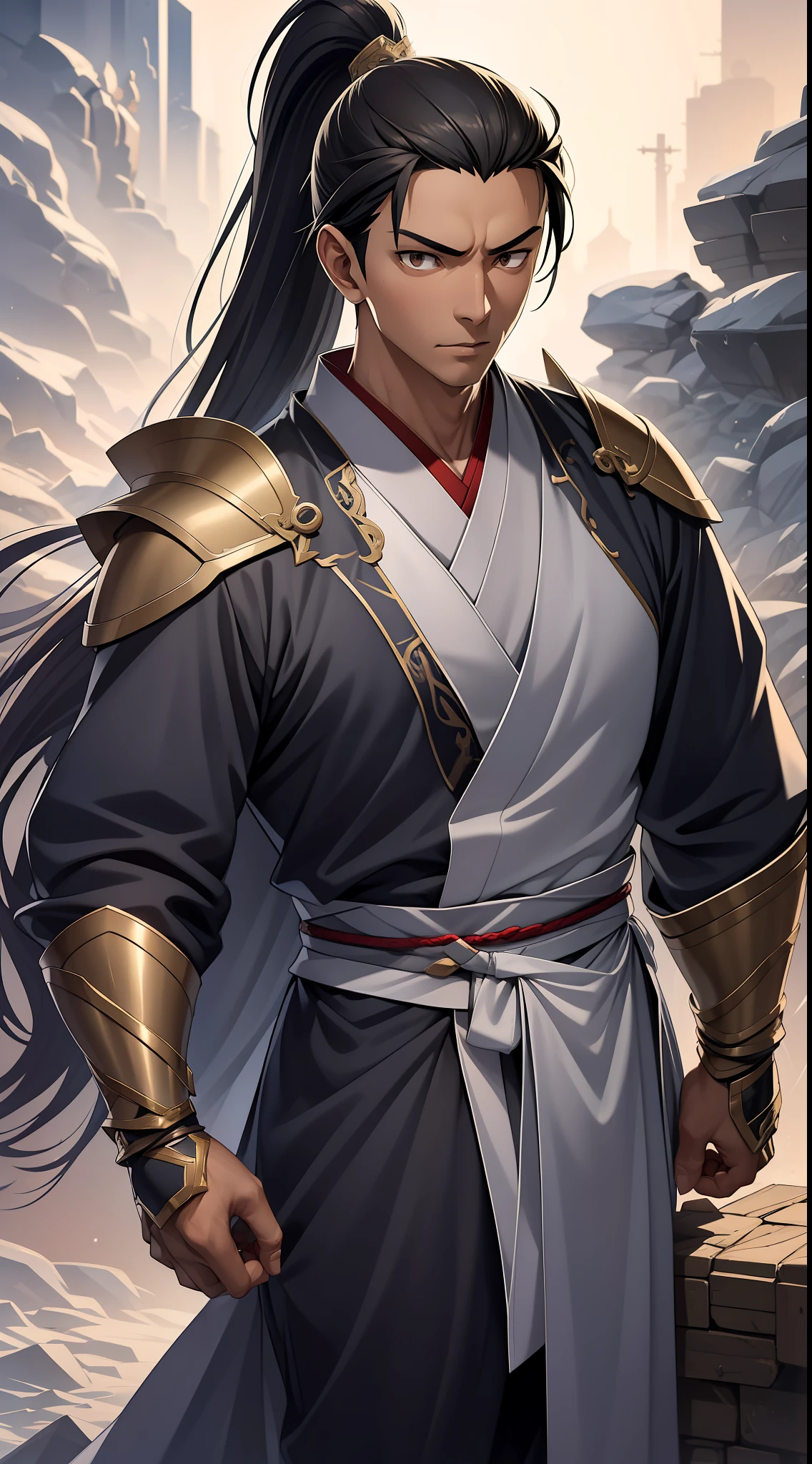 quadratic element,style of anime,mtu(Male Warrior),The proportions are correct,Face details,swordsmen,High ponytail hairstyle,Neck details,There is an Adam's apple,Black Hanfu,kaftan,black toga,clothes details,Handing over,longer sleeves,Game quality,Swordsmanship,Light and shadow tracking,Ray traching,detailed glow,cg render,hair detail,cabelos preto e longos,Black ㇏ eyes,Handsome,Handsome,(juvenile sense),Clothing is complicated,Perfectcomposition,Refinement,high qulity,higher details,Lots of details,The background is complex,a sense of atmosphere,