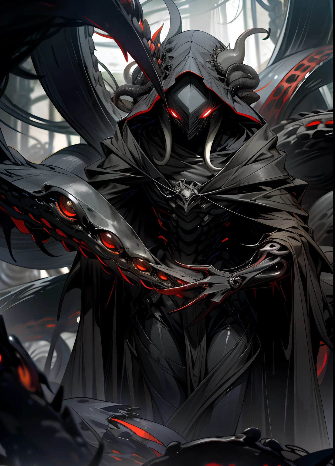 indescribable,lot of tentacles,Lots of eyes,Abyss,darkly,Red eyes,Irregular body,gargantuan