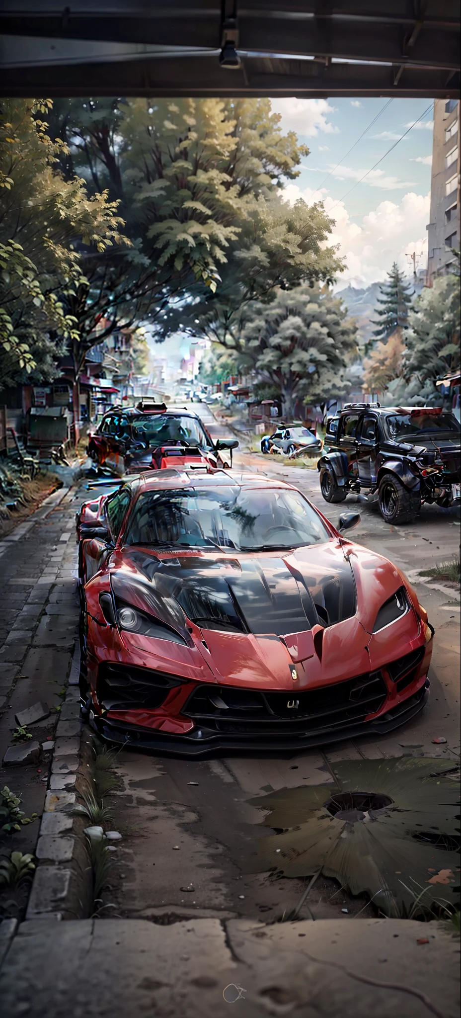 UP vehicle, in Ferrari red color, with sports wheels rim 17, tires 215, lowered, with chrome exhaust, dark windows, with a drawing of a horse on the hood, high resolution