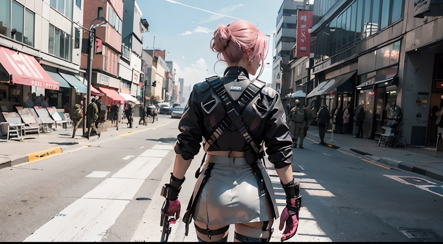 Top Quality, Ultra High Definition, (backlight), (Photorealistic: 1.4), (group shot, from behind),10 Beautiful Girls Patroling , (Kpop Idol), Detailed Faces, (Pink updo Hair: 1.3),  Contrapposto, Smooth Skin, Perfect Anatomy, Professional Lighting, ((wearing Futuristic Police Racing Suits, mini body-conscious skirt, police wappen, High-tech Headset, military harness, racing gloves, carry machinegun on back)), ("POLICE", Cloths based on silver pink black white), (background, destroyed city)