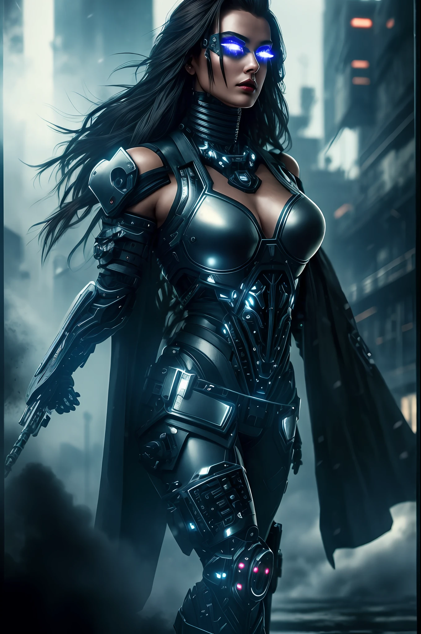 a beautiful woman cyborg warrior in the Style-RustMagic, cyberpunk augmentation, cyberware, cyborg, carbon fiber, chrome, implants, metal skull, cyber plate armor, (dark atmosphere:1.2), (fog & smoke), (dark night:1.3), scars, (dark medium length disheveled hair:1.1), (eyeshadow:1.1), (beautifully detailed glow:1.2), (Cinematic lighting), intricate detail, highres, rounded eyes, detailed facial features, sharp focus, smooth, aesthetic, detailed dark industrial factory background, stylish pose, dynamic pose, (dramapaint), (opt-6000:0.9)