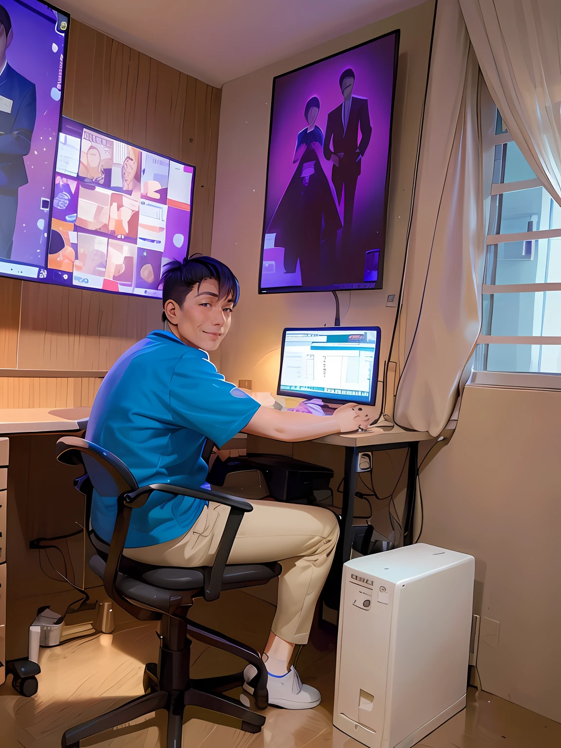 there is a asian man sitting at a desk with a computer and a monitor, his face beautiful, he's smiling, Look straight, sitting at a computer desk, using his desktop pc,anime style