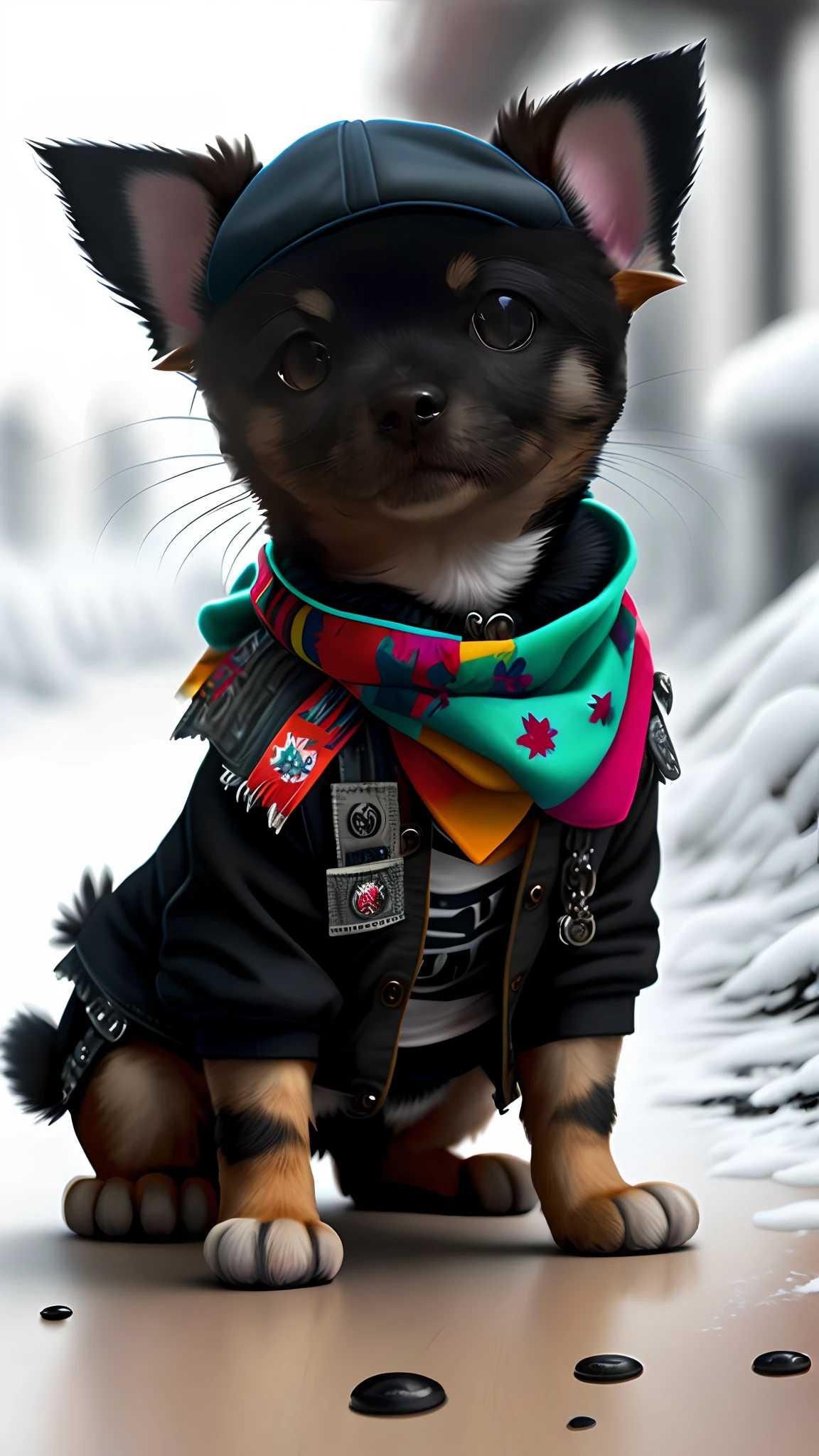 image of cute chihuahua dog with hat and scarf, art season trend, dressed in punk clothes, hyper realistic detailed rendering, british gang member, urban style, intimidating pose, planet of cats, fashion clothes, urban samurai, meow, west slavic traits, 8 1 5