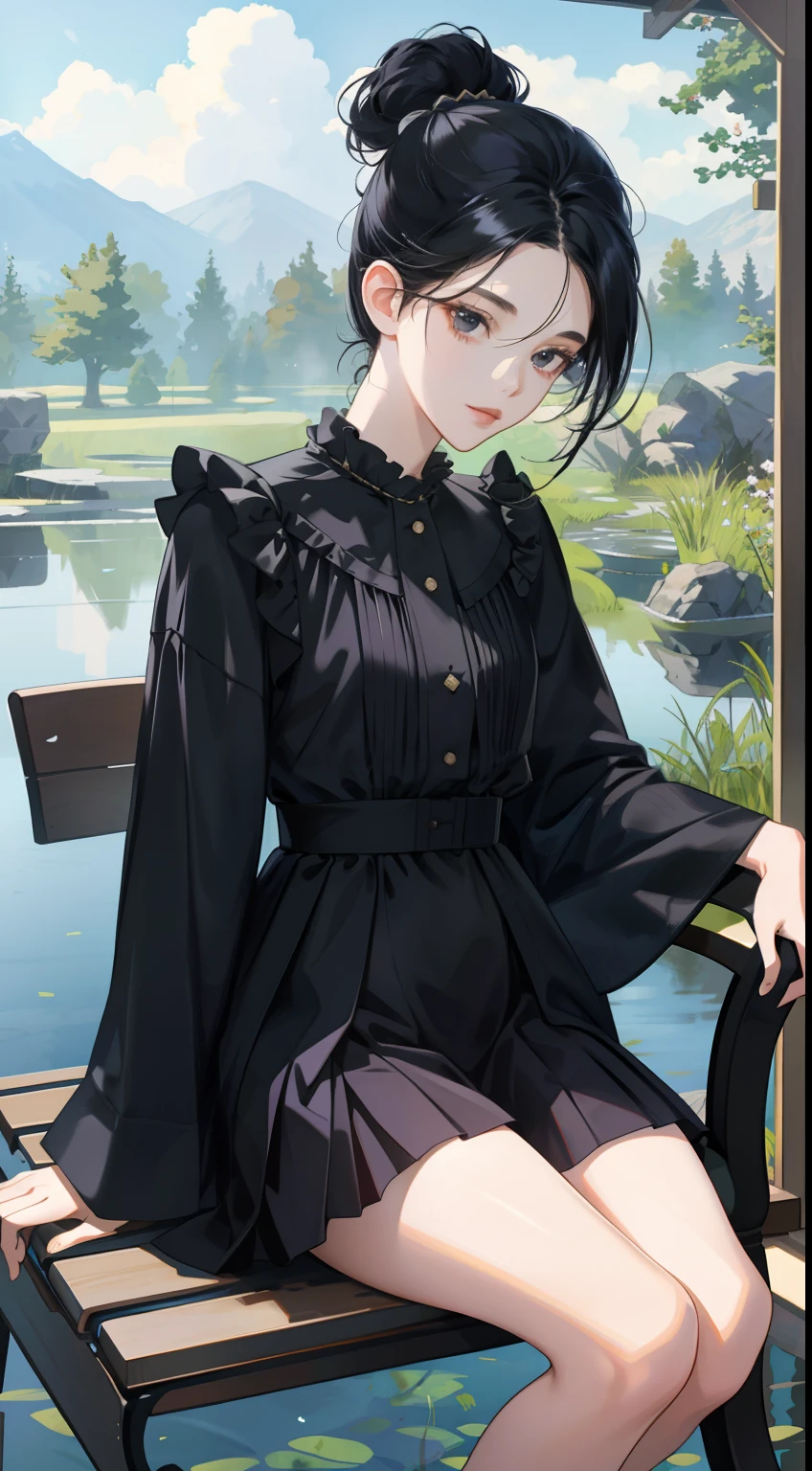 Superb masterpiece, 1girll,Hair up, Fair skin, Girls' pajamas, Black hair, Girl, Black eyes, Thigh clothing, coalescence, Super clear, face retouch, Pond background, looking at viewert,sit on chair