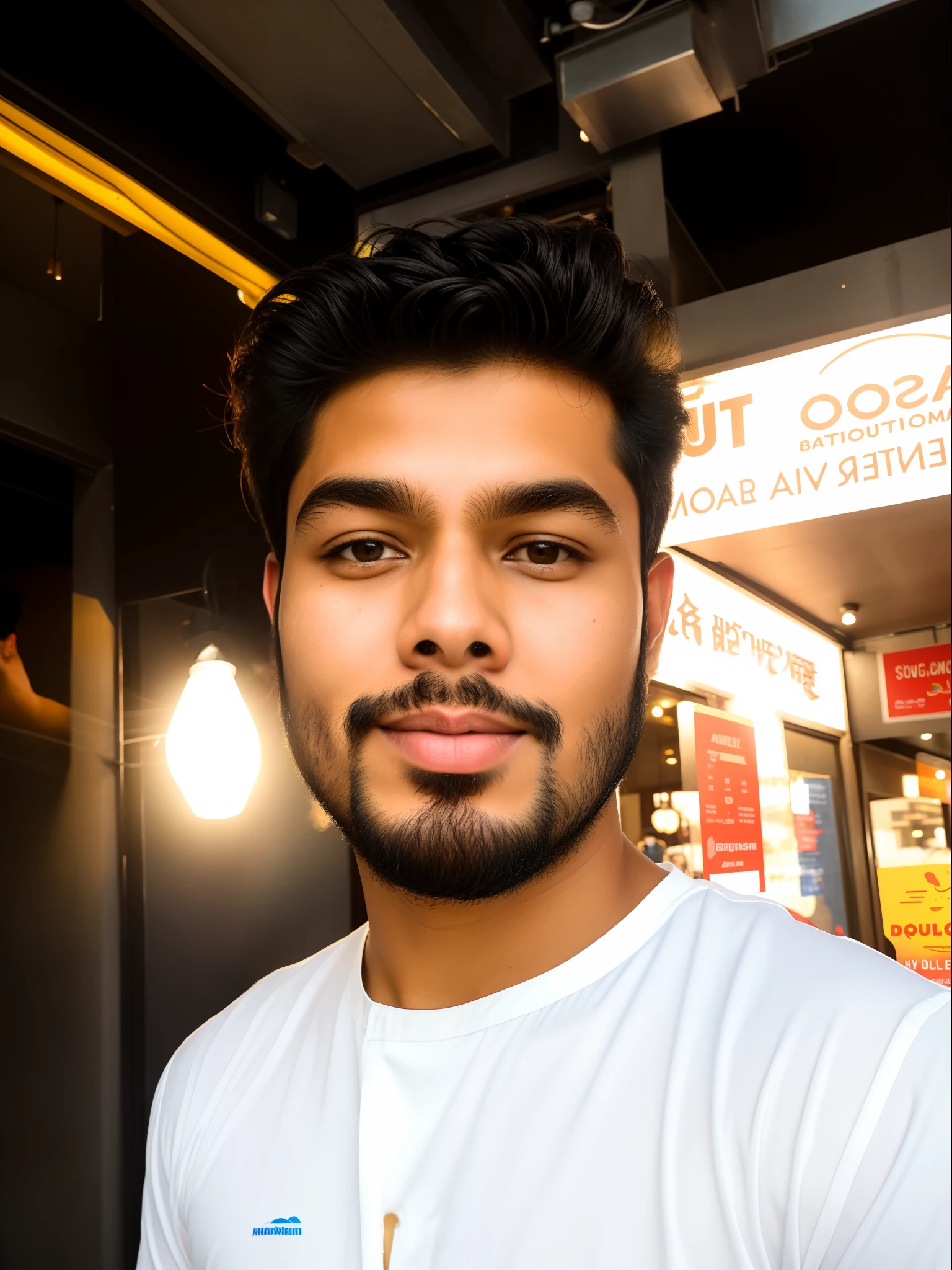 there is a man standing outside of a restaurant with a donut in his hand, south east asian with round face, 8k selfie photograph, without beard, with no beard, ayan nag, jayison devadas, front profile!!!!, with accurate face, mohamed chahin, with a small beard, riyahd cassiem, good looking face