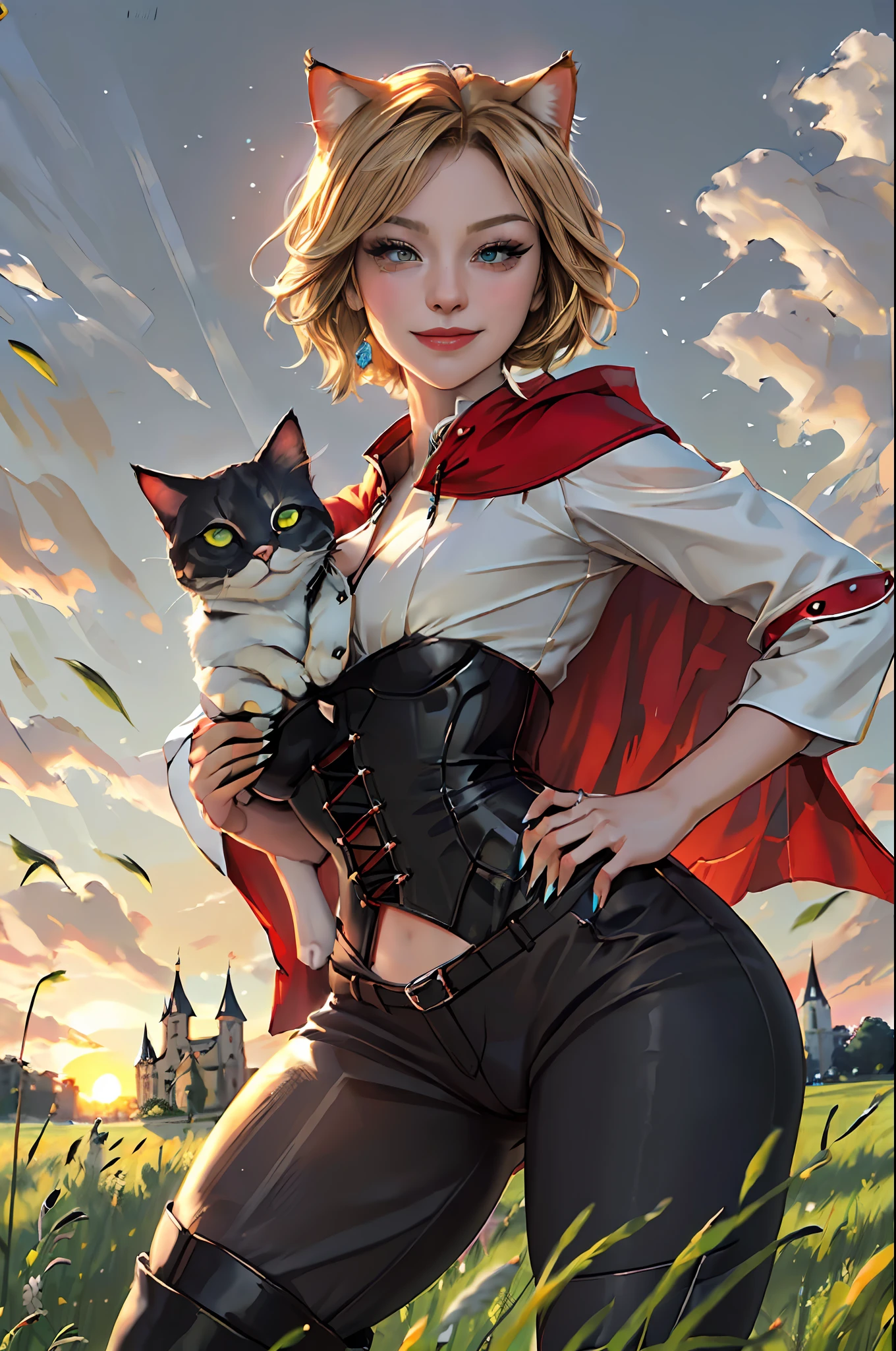 Catgirl thief standing with one hand on her hip the other lifted up near her face showing off her claws, short blonde hair, beige pants, black boots, white corset, catbell coller, red cloak, blonde cat ears, blonde cat tail, large yellow cat eyes, cat claws, smirking, (grassy field in front of massive castle:1.3) (sunset:1.1) mist ray tracing z pass, (masterpiece) (best quality) (detailed) (8k) (cinematic lighting) (sharp focus) (intricate)