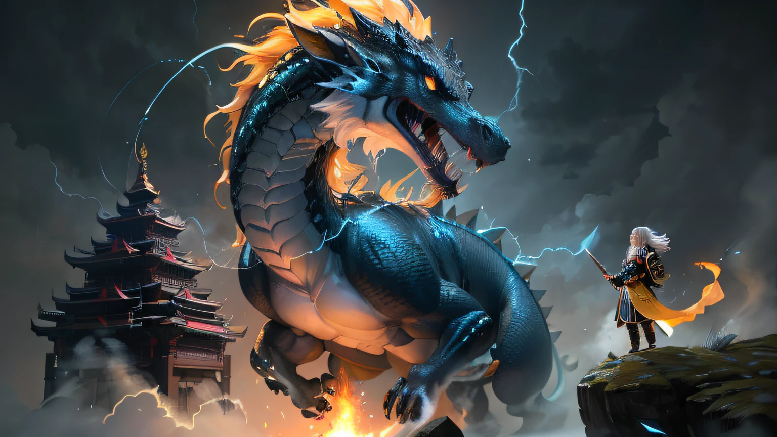 {best qualtiy}， tmasterpiece， {A high resolution}， Original， Extremely detailed 8K， realisticlying， intricately details， ， highly  detailed， hyper-detailing， Ray traching， （mid-air， flight， looking at the camera in， mist， ）， Dark clouds cover the sky， misterious， （2boy， solo， long whitr hair， holdingsword， Yellow lightning surrounds， standing on your feet， combats）， buddhism， 电影灯光， Fire and ice crack， Buddhist practice， Spiralosaurus， Yunlong at the top，