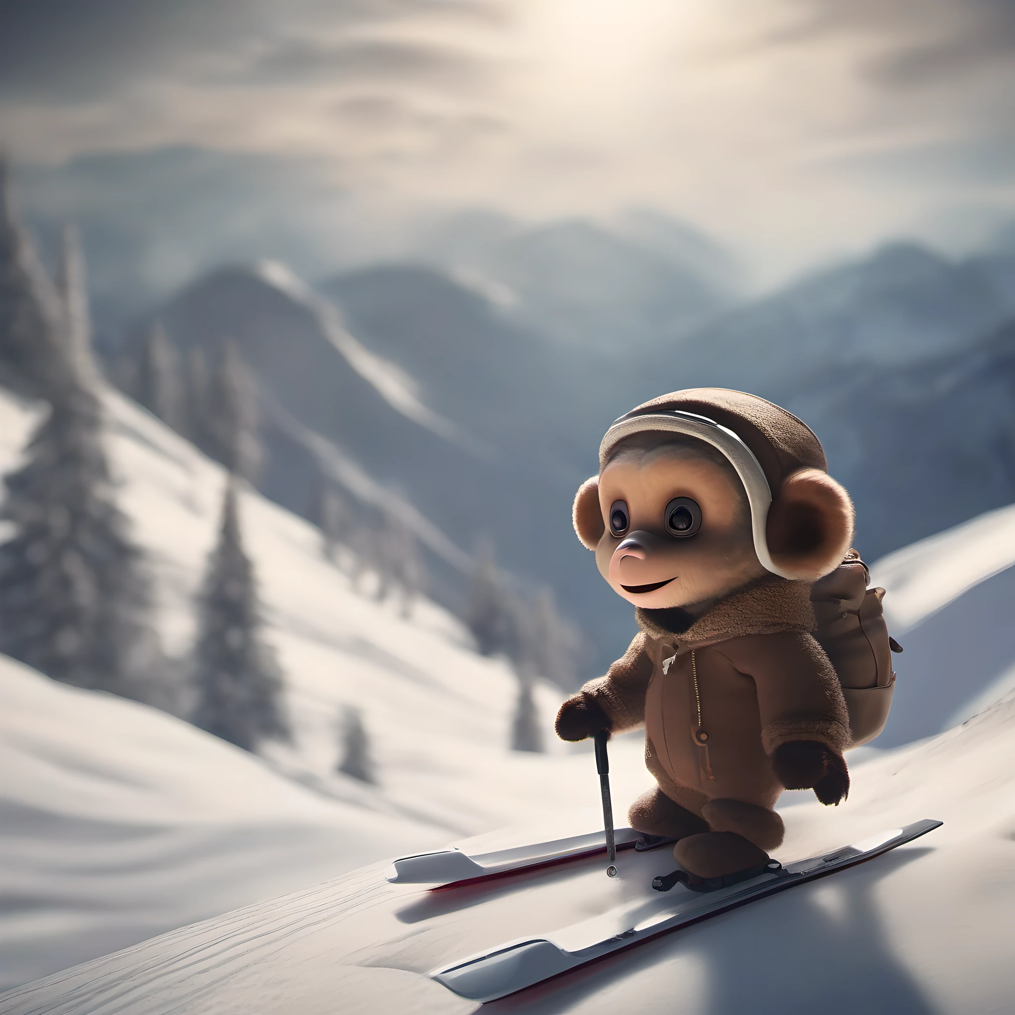 Cheburashka skiing from the mountain, photo realism, Dramatic light