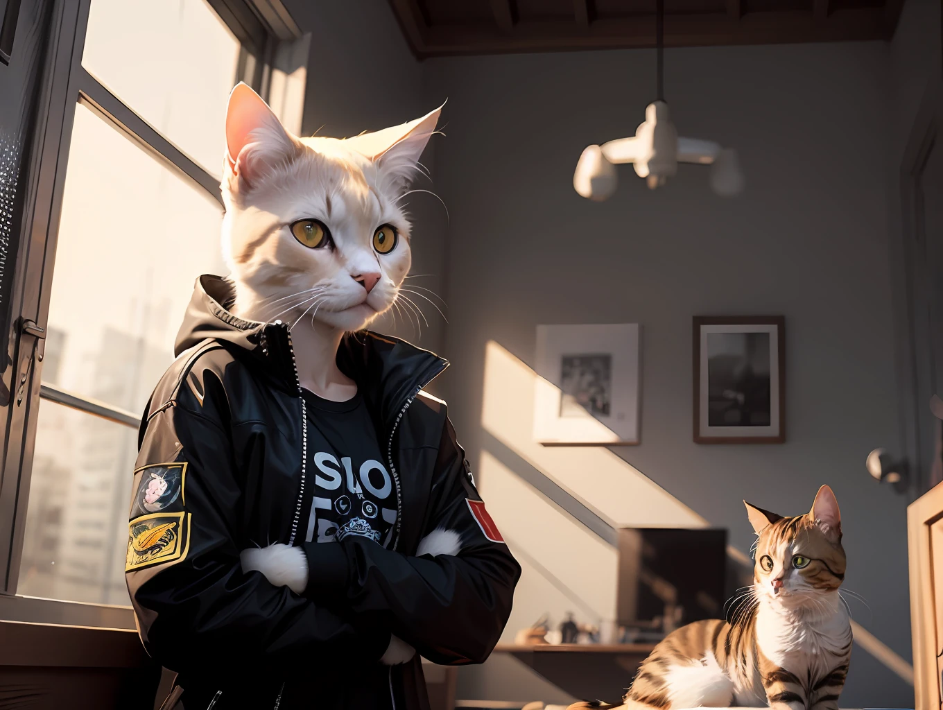 Image of a beautiful English short cat,Trends in the art season,Wear a jacket,hyper realistic detailed rendering,Apocalyptic style,relaxed poses,Smoking,Some ponytails,8 1 5