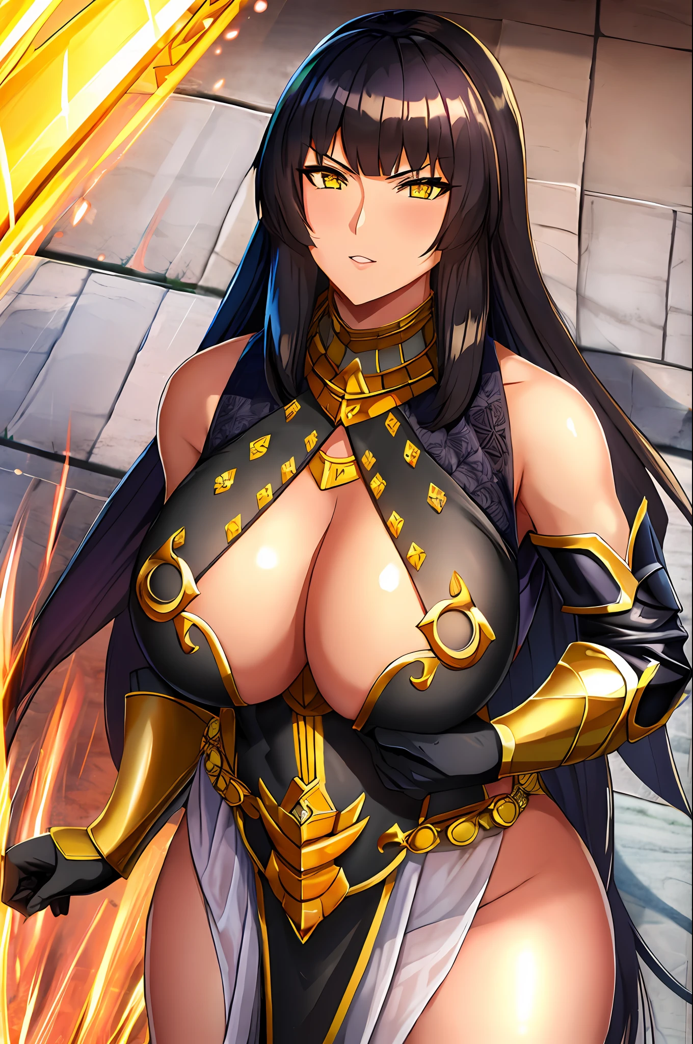 (1girl), wearing a heavy knight armor, dark armor, intricate black and gold armor details, intricate beautiful green fields, legendary, futuristic, saint seiya, long black hair, muscular, power pose, highly detailed background, fire in the eyes, aura power, highly detailed,  legend of queen opala, 1girl, osira (character), black hair, darkskinned female, yellow eyes, blunt bangs, big breasts,