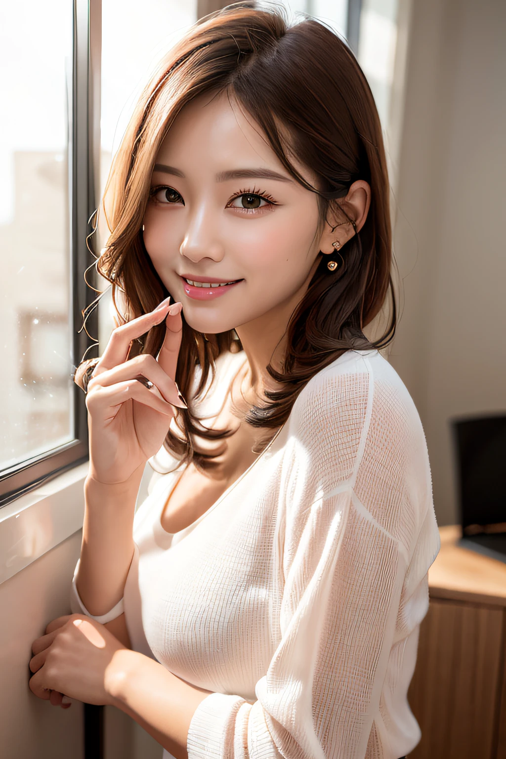 (masterpiece:1.3), high resolution, ultra detailed, extremely detailed CG unity 8k wallpaper, realistic, photo-realistic, RAW photo, beautiful detailed face, pale skin, realistic glistening skin, detailed cloth texture, detailed hair texture, Perfect body, Beautiful Face, accurate, Anatomically correct, Highly detailed face and skin texture, natural neck length, (beautiful hands), (fair skin:1.2), Thin legs, Thin feet, 
BREAK, 
Detailed eyes, symmetric eyes, Light Brown eyes, Double eyelids, Thin eyebrows, (Glossy lips:1.4), ((gently smile:1.2)), (blush:1.1),
BREAK, 
(A Classy and Cute girl:1.3), (wearing a classy (white) Button shirt:1.2), ((Light pink) long skirt:1.2), (long skirt), close the button, 
medium large breasts, (slender figure:1.1), firm abs, beautiful clavicle, 
(Dark blonde hair, wavy hair, long hair:1.2), ((asymmetrical bangs:1.2)), 
BREAK, 
Standing, (shushing gesture:1.2), 
(in the stylish office at night), (Full body shot:1.2), looking back at viewer, (from below:0.65),