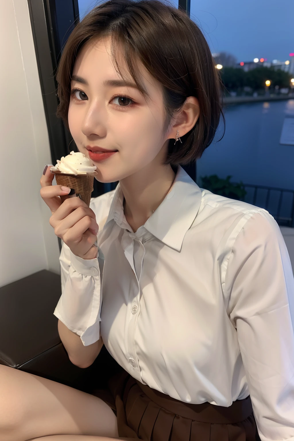 (8k, RAW photo, best quality, masterpiece: 1.2), (realistic, photo-realistic: 1.37), ultra-detailed, 1 girl, beautiful, solo, beautiful detailed sky, detailed coffee, night, sitting, (flushed nose), (smile: 1.1), medium breasts, beautiful detailed eyes, long brown hair, (collared shirt: 1.1), bow tie, pleated skirt, (short hair: 1.2), long hair, eating big ice cream,