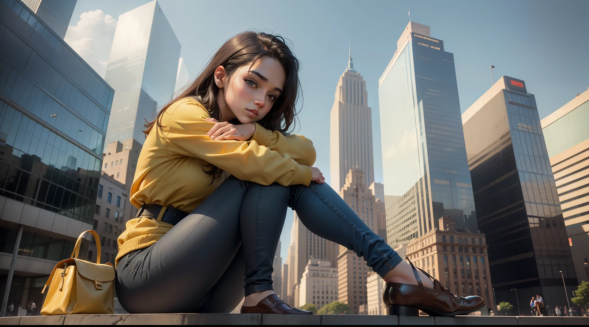 woman sitting on a bench in a city park with buildings in the background, stunning woman, beautiful mexican woman, in style of joel meyerowitz, in the middle of the city, in a city square, sitting on a miniature city, floating over a city sidewalk, with yellow cloths, very artistic pose, in the middle of new york, standing in a city center, artistic pose, in the city, ((Best quality)), ((masterpiece)), (detailed: 1.4)