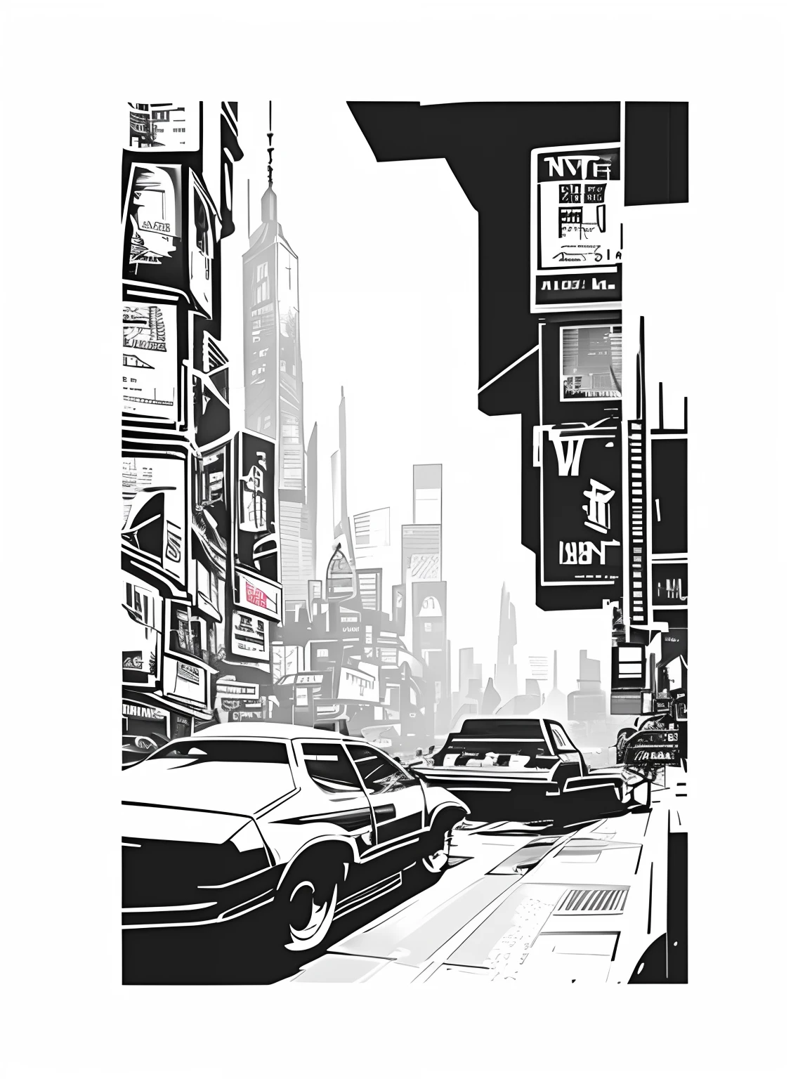 Alafeld painted city streets with cars and buildings, detalized new york background, Intricate cyberpunk City, tectonic cityscape, NewYork, Cityscape, sci - fi scene future new york, nouveau, city neon light, intricate environment - n 9, New York, Post-apocalyptic Times Square, white ink sketch on black paper, Densely populated metropolis, etching render, Momoa