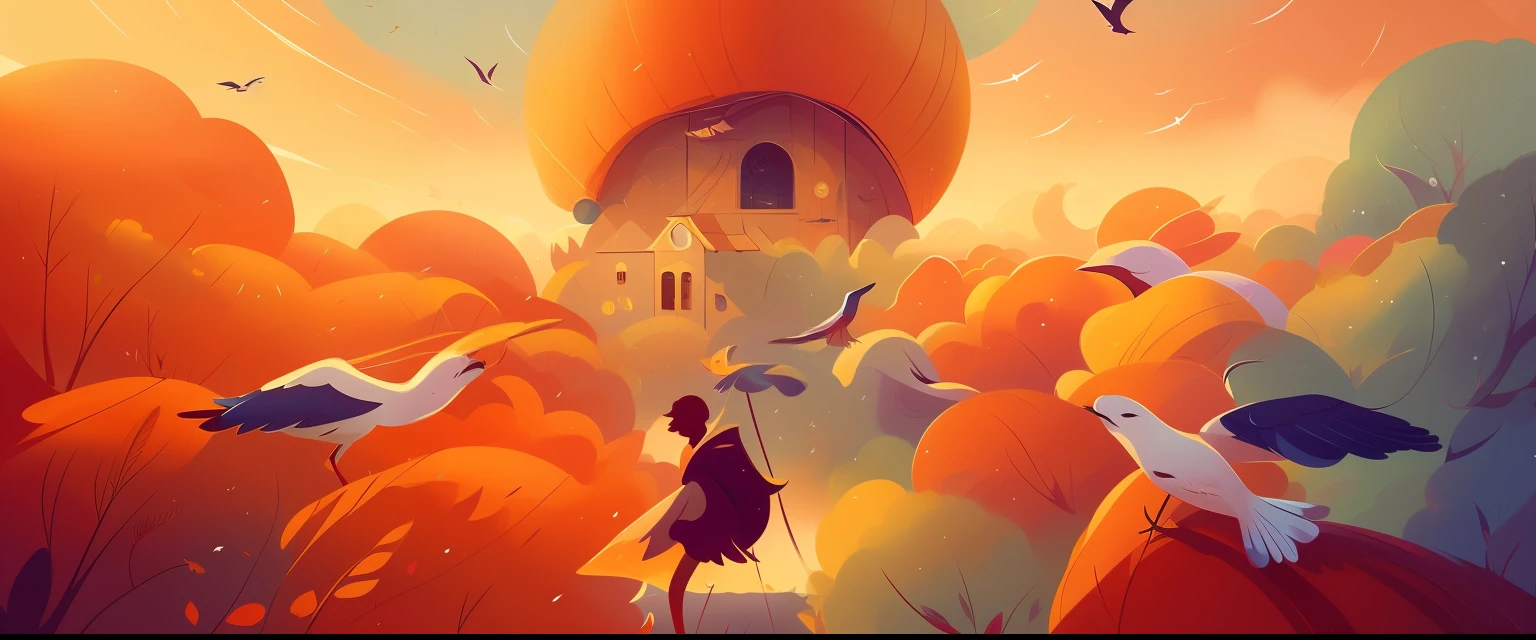 There is a painting，A woman stands in front of a flock of birds, Warm tones，Fantastic illustration, dream concept art, dreamlike illustration, Inspired by Cyril Rolando, dreamlike digital painting, journey thatgamecompany, cyril rolando and goro fujita, in the style of Cyril Rolando, DreamlikeArt, concept art magical highlight