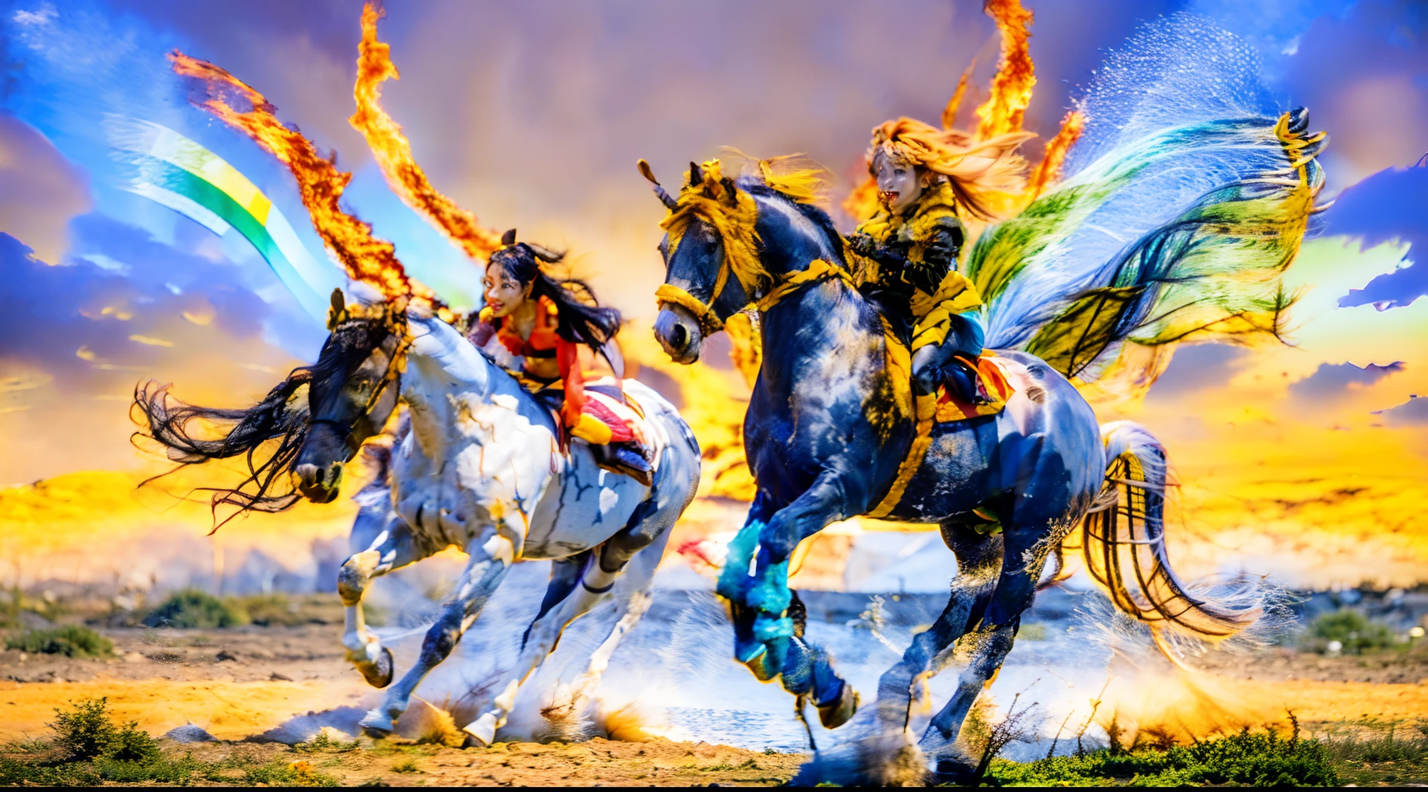8horses,Ultra-grand scenes,super wide shot,1#cavalos,The first is the Light Casting Pegasus from the Supreme Heaven, which has a rainbow aperture from the Supreme Heaven,She rides between light and pure,No additional ornaments are needed to highlight her dignity and holiness,Even the sky showed her a clear sky,She has a deep enmity with the nightmare heavy ride from hell,The two never put their heads next to each other。2#cavalos,Surrounded by sulphurous flames, the Hellmare Heavy Ride makes every time a horse's hooves fall, stepping flat grass out of the lava from the ground。3#cavalos,The wind wings of the wind elf horse let its position be erratic,She carries a cyan aperture lightly and always can't help but tease the mechanical horse。4#cavalos,The mechanical horse is full of mecha beauty,The shoulder back position always reveals delicate mechanical fittings,Four kicks with a hydraulic pump and electromagnetic ejection device。5#cavalos,Unicorns want to steal all the horses' limelight with their pure and flawless beauty,Her unicorn flashed with the power of thunder。6#cavalos,Fairy Ryoma is compared to a unicorn,The fairy dragon is full of small stars shining with magical brilliance。7#cavalos,The female knight is charging on her knightly warhorse,Her lofty ideals made her will unstoppable,There is no doubt that she is the protagonist of this picture。8#cavalos,Chaotic horses from unknown territory,She blends in and has a weird style and chaotic colors that are almost unimaginable,Her presence makes the whole picture extremely dangerously uncertain,The slightest mistake can confuse the colors around it。Eight extremely special and rare horses surround each other,A large herd of horses galloped ahead,Gallop across the steppe like a clock。The vast plains of the epic scene are rich in aquatic plants,In the distance is the snow-capped summit of Mount Everest,Snow creek flows into the sea,At the other end is the magnificent giant city,The horse team entered and exited from t
