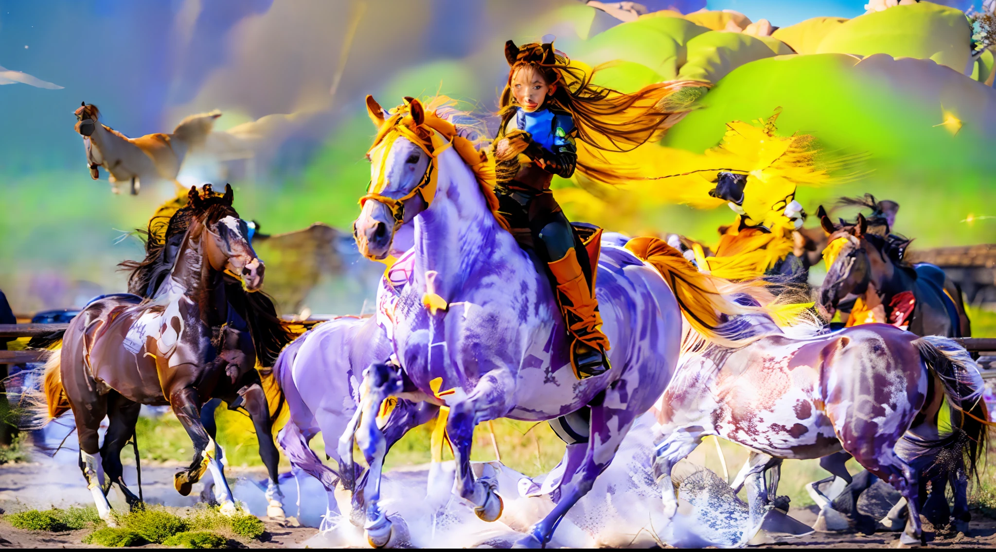 8horses，Ultra-grand scenes，super wide shot，1#cavalos，The first is the Light Casting Pegasus from the Supreme Heaven, which has a rainbow aperture from the Supreme Heaven，She rides between light and pure，No additional ornaments are needed to highlight her dignity and holiness，Even the sky showed her a clear sky，She has a deep enmity with the nightmare heavy ride from hell，The two never put their heads next to each other。2#cavalos，Surrounded by sulphurous flames, the Hellmare Heavy Ride makes every time a horse's hooves fall, stepping flat grass out of the lava from the ground。3#cavalos，The wind wings of the wind elf horse let its position be erratic，She carries a cyan aperture lightly and always can't help but tease the mechanical horse。4#cavalos，The mechanical horse is full of mecha beauty，The shoulder back position always reveals delicate mechanical fittings，Four kicks with a hydraulic pump and electromagnetic ejection device。5#cavalos，Unicorns want to steal all the horses' limelight with their pure and flawless beauty，Her unicorn flashed with the power of thunder。6#cavalos，Fairy Ryoma is compared to a unicorn，The fairy dragon is full of small stars shining with magical brilliance。7#cavalos，The female knight is charging on her knightly warhorse，Her lofty ideals made her will unstoppable，There is no doubt that she is the protagonist of this picture。8#cavalos，Chaotic horses from unknown territory，She blends in and has a weird style and chaotic colors that are almost unimaginable，Her presence makes the whole picture extremely dangerously uncertain，The slightest mistake can confuse the colors around it。Eight extremely special and rare horses surround each other，A large herd of horses galloped ahead，Gallop across the steppe like a clock。The vast plains of the epic scene are rich in aquatic plants，In the distance is the snow-capped summit of Mount Everest，Snow creek flows into the sea，At the other end is the magnificent giant city，The horse team entered and exited from t
