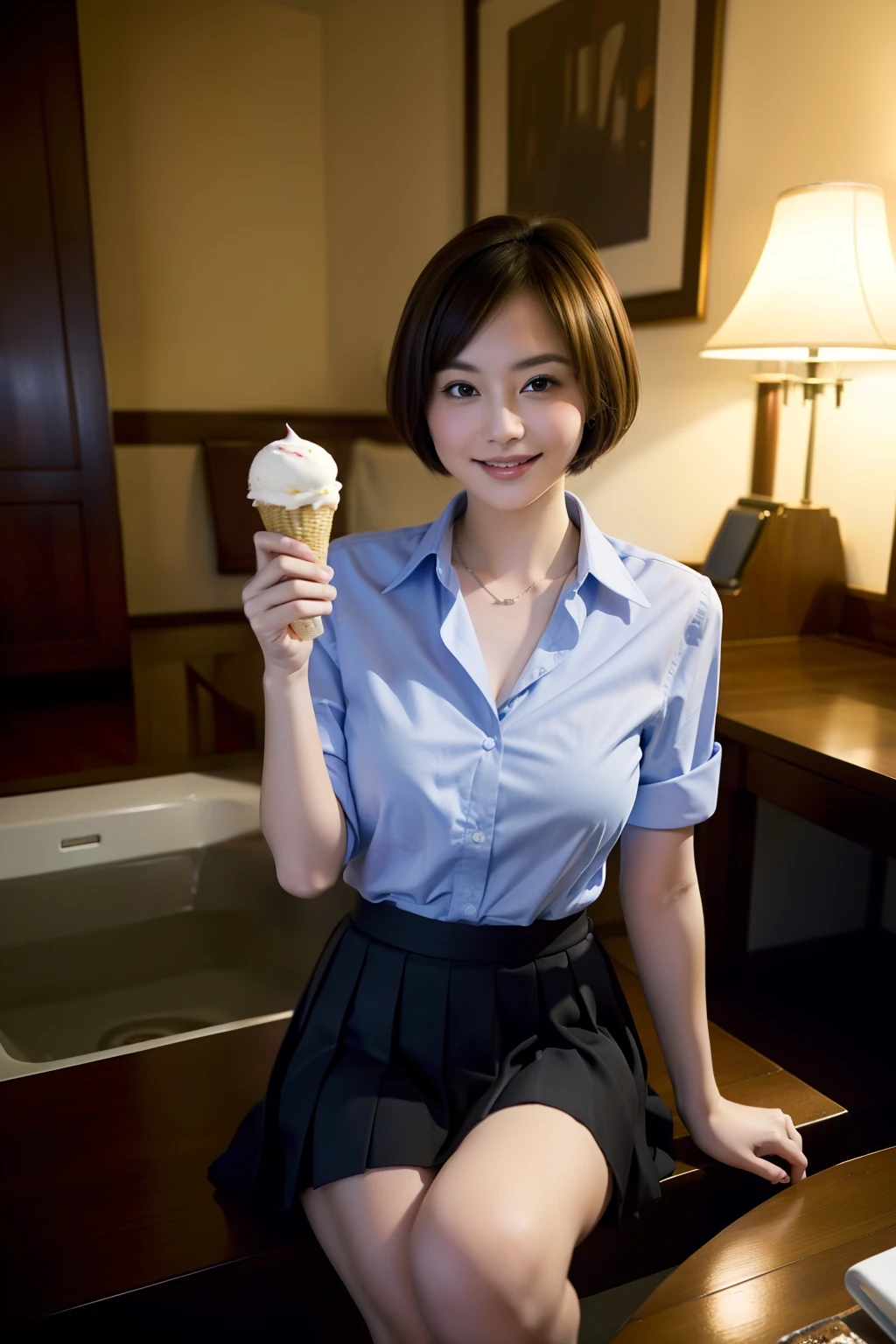 (8k, RAW photo, best quality, masterpiece: 1.2), (realistic, photo-realistic: 1.37), ultra-detailed, 1 girl, beautiful, solo, beautiful detailed sky, detailed coffee, night, sitting, (flushed nose), (smile: 1.1), medium breasts, beautiful detailed eyes, long brown hair, (collared shirt: 1.1), bow tie, pleated skirt, (short hair: 1.2), long hair, eating big ice cream,
