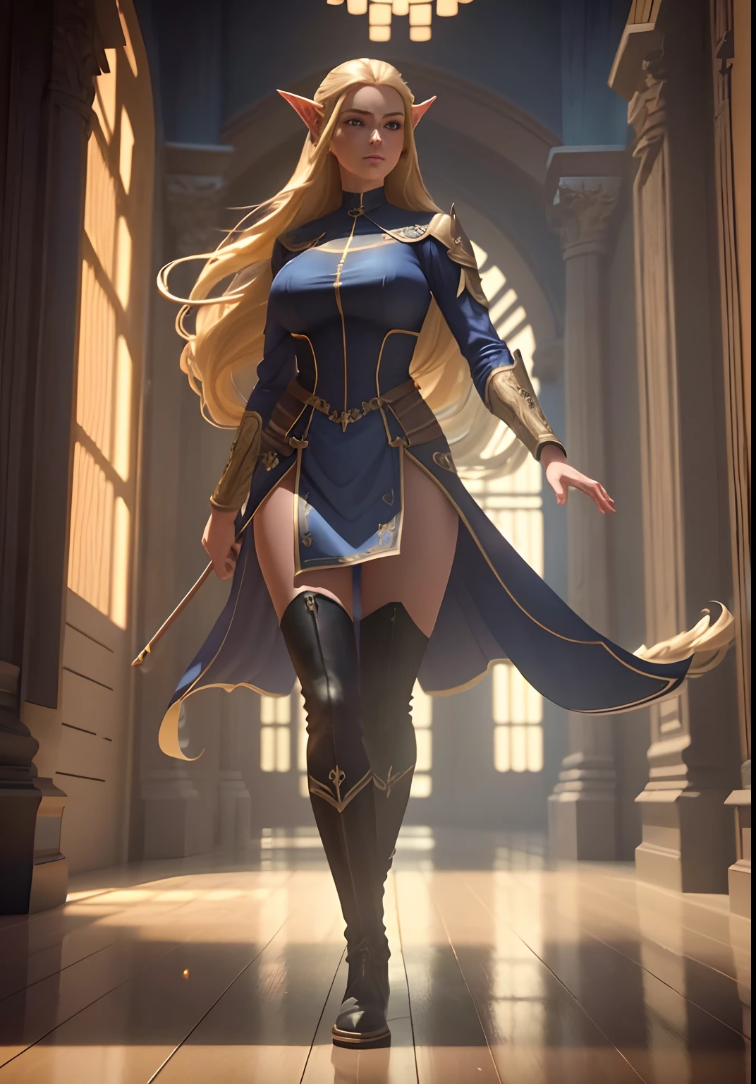 full body portrait of beautiful 1girl, (Zelda:0.4),solo, elf ((milf)), (very long) blonde hair, tied in a knot, dark blue uniform, black knee-high riding leather boots, leggings, Anime style photo, Manga style, Digital art, glow effects, Hand drawn, render, 8k, octane render, cinema 4d, blender, dark, atmospheric 4k ultra detailed, cinematic sensual, Sharp focus, hyperrealistic, big depth of field, Masterpiece, colors, 3d octane render, 4k, concept art, trending on artstation, hyperrealistic, Vivid colors, ((((looking right)))), huge breasts, palace corridor, blonde, (holding thin cane:1.4), full body,