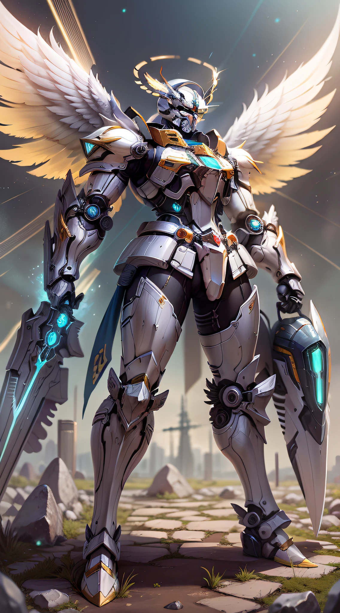 Platinum Gundam Mecha Men's Robot,Wings made of energy,metal halo,golden colored,fanciful,concept-art,Full body front,angelicales,holy rays,k hd,Cinematic lighting,Clear head,shelmet,Holy