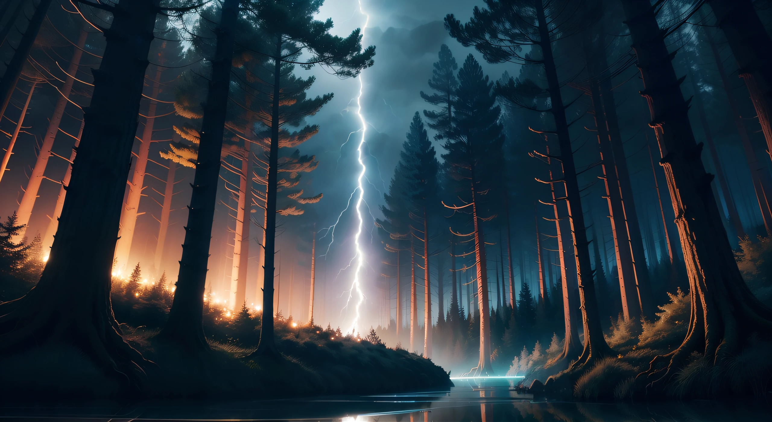 Image of lightning in a dark forest, Detailed lighting and thunder, dramatic lighting. Concept art, Cinematic lighting and colours, Thunderstorm and forest on fire, Cinematic forest lighting, Dramatic volumetric lighting, Stunning 8k artwork, fantasy atmospheric lighting, Beautiful and cinematic lighting, voluminous lighting, Amazing lightning-fast art, Surreal lighting, shooting star