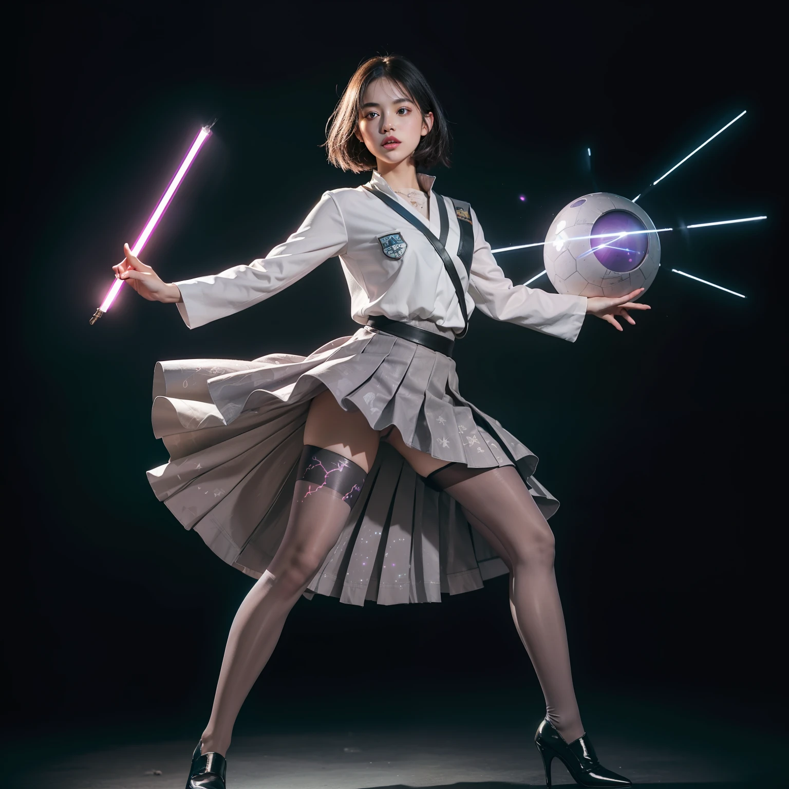 (full body:1.5)，(1girl:1.3),(view the viewer:1.4)，(anatomy correct:1.45),(Dancing on high mountain peaks:1.3),(very thick printed pantyhose:1.4),( A woman Wear printed fantasy Star Wars Set JK student uniform pleated skirt and uniform pointed high-heeled leather shoes  :1.35)， (Light particle effect:1.3),(In pink | amarelo | blue colors| green color |red color | white colors| black in color| purplish color| greys| Beige| Flesh color 1.4)，(Glowing eyes:1.3),(Large amplitude action: 1.3)，(Accurate and perfect face:1.4),hyper HD, Ray traching, reflective light，structurally correct, Award-Awarded, high detail, lighten shade contrast, Face lighting，cinmatic lighting, tmasterpiece, super detailing, high quality, high detail, best quality, 16k，High contrast,