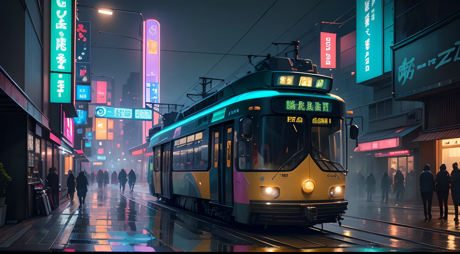 ((masterpiece)),((best quality)),((high detial)),((realistic,))  Bridges, rainy Night, Neon, japan architecture flying transports, futuristic tram , Neo Tokyo futurisctic city future, cyberpunk 2077, neon fog, traditional architecture, blade runner 2049, science fiction art, futuristic city