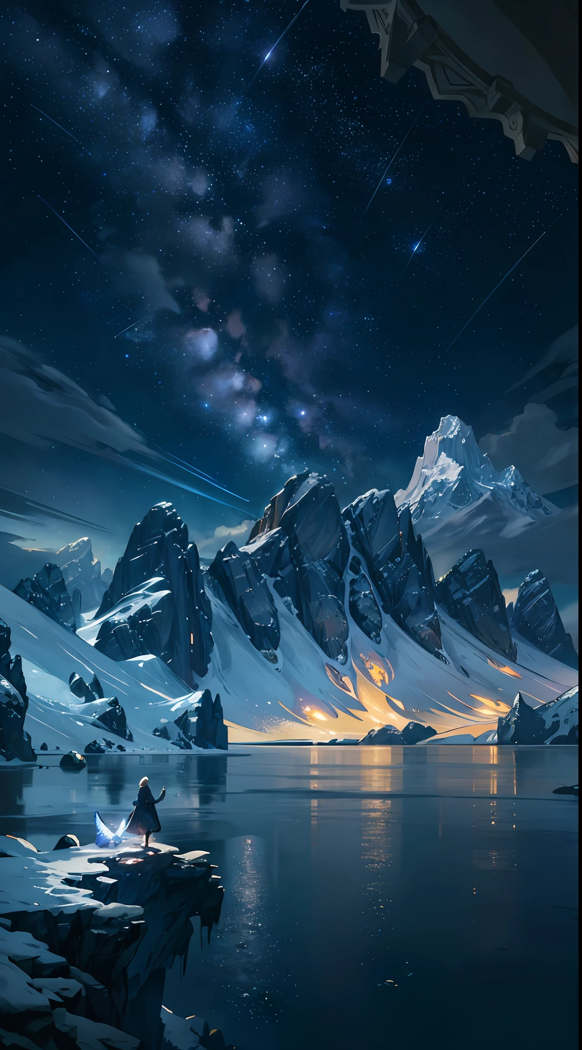 Starry Sky with Mountains and Lake, Jessica Rossier, Inspired by Jessica Rossier, Jessica Rossier Fantasy Art, Concept Art Magic Highlights, Official Artwork, Dream Painting, Ethereal Realm, Atmospheric artwork, dreamy matte paintings, serene endless stars inspired by Ted Nasmith, moonlit starry environments, epic music album covers.