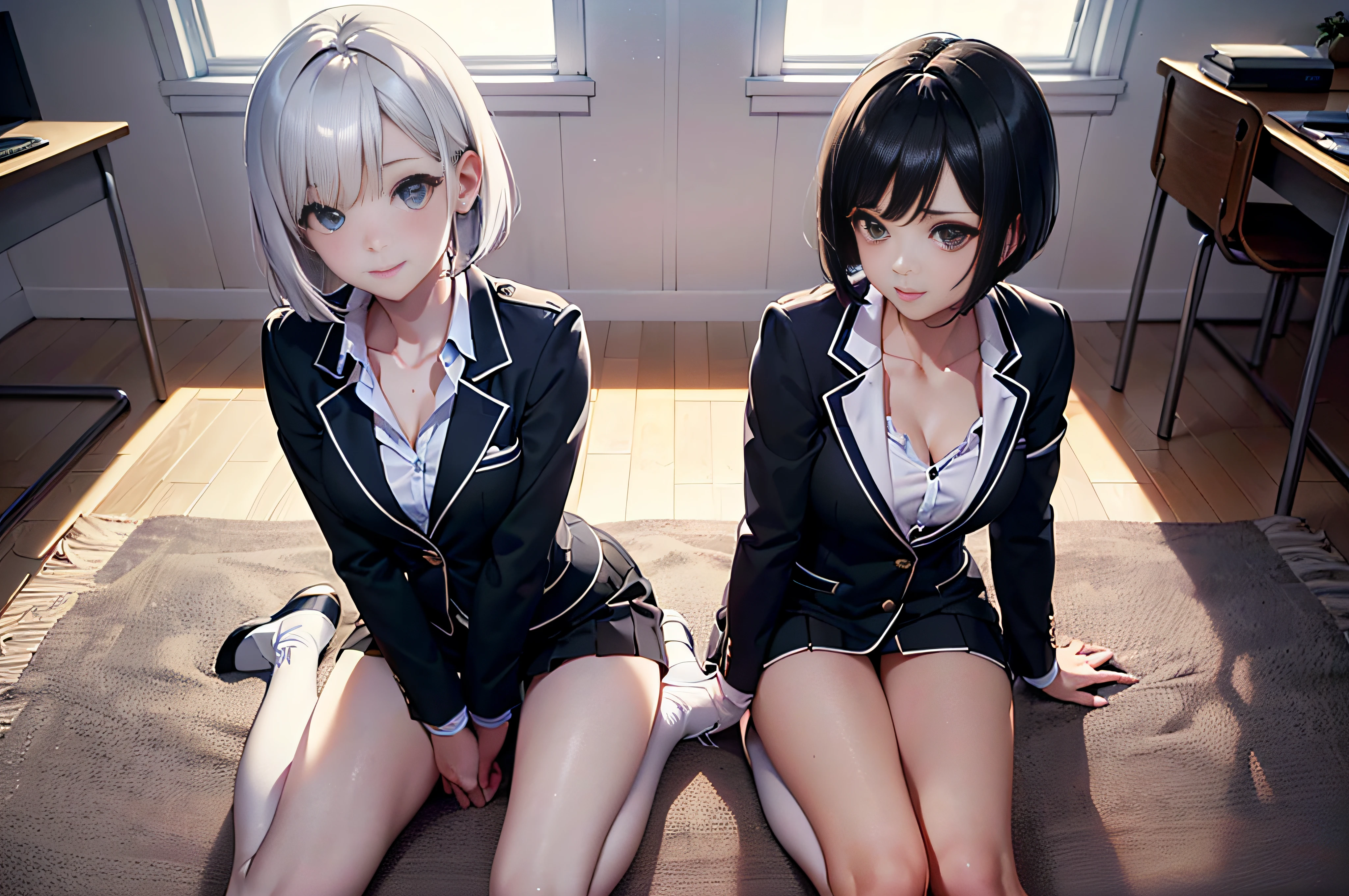 campus,two girls,,beautiful,hug together,Uniforms,coat,Short skirt,Bare legs,White socks,sports shoes,emaciated,thin legs