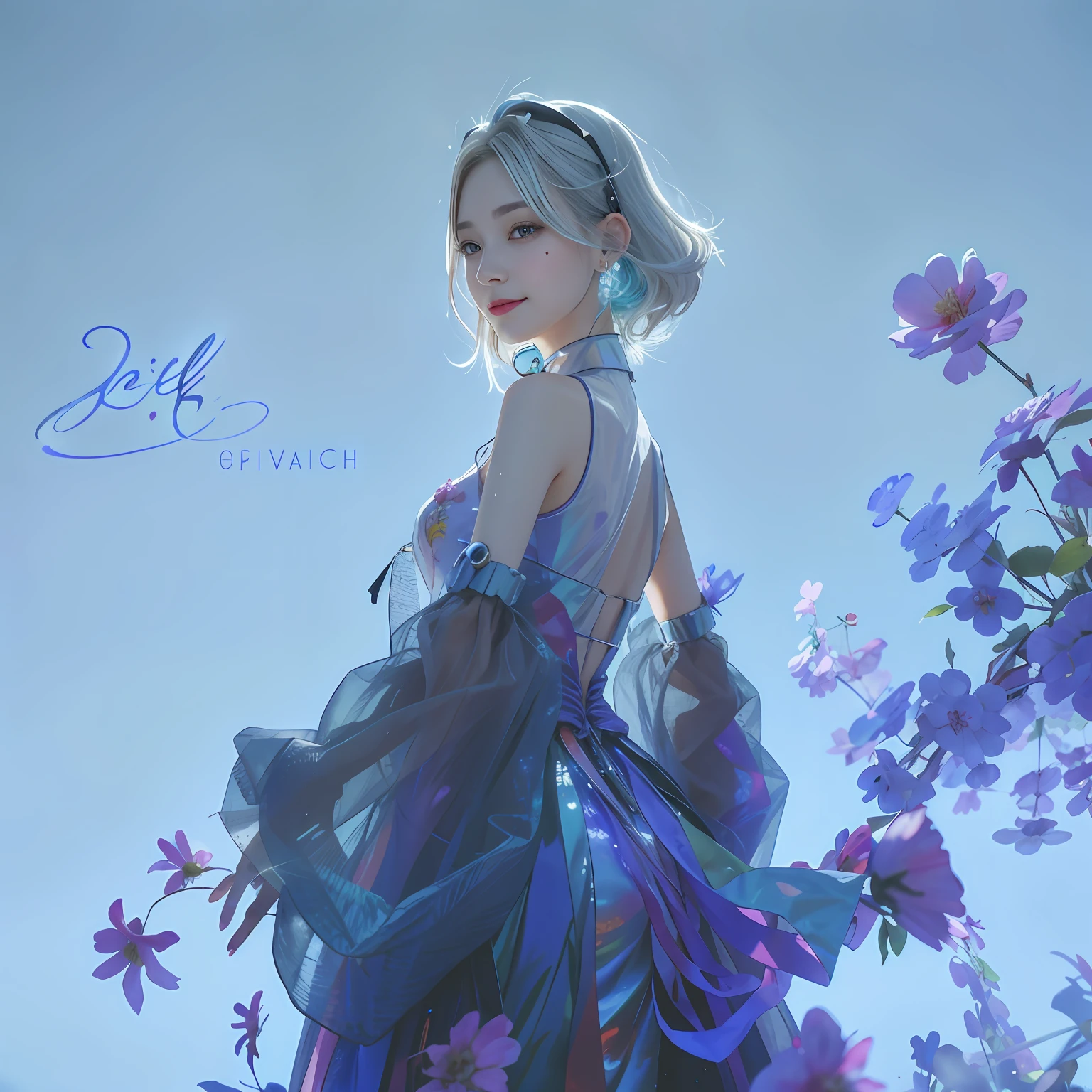 1 girl, Chinese_clothes, liquid silver and pink, cyberhan, cheongsam, cyberpunk city, dynamic pose, glowing headphones, glowing hair accessories, long hair, glowing earrings, glowing necklace, cyberpunk, high-tech city, full of mechanical and futuristic elements, futuristic, technology, glowing neon, pink, pink light, transparent tulle, transparent streamers, laser, digital background urban sky, big moon, with vehicles, best quality, masterpiece, 8K, character edge light, Super high detail, high quality, the most beautiful woman in human beings, smiling slightly, face facing front and left and right symmetry, ear decoration, beautiful pupil light effects, visual data, silver-white hair, hair is not messy, long hair over the waist, luminous electronic watch, deep eyes, happy, English doodling