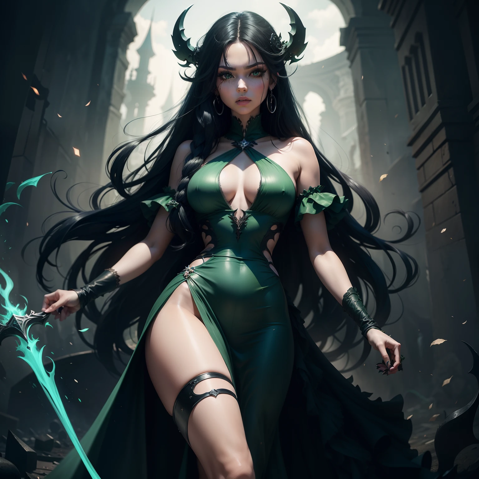 Poison Eve, green long dress, black long hair, with chaos and ready for battle