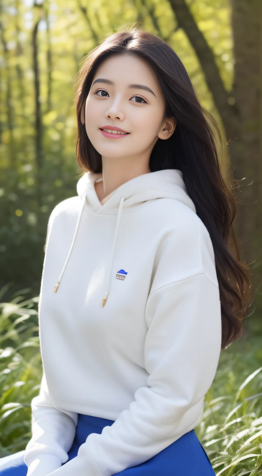A beautiful and cute girl, full body photograph, extremely beautiful and delicate, Black hair, sweet smile, delicate beautiful fair skin, realistic and realistic, Exquisite and perfect facial features, detailed facial portrayal, high nose bridge, flowing silky hair, extremely delicate hair, Soft temperament, C-size breasts, face light, Tall, thin, Real, Hyper Real, full-body lens, Front tilt angle, ultimate picture quality, highest precision, accurate and perfect human body structure. The blue sky and white clouds, Sitting in the woods, The blue sky and white clouds, sunlights, (sweatshirt, mini-skirt) White panties are clearly visible..