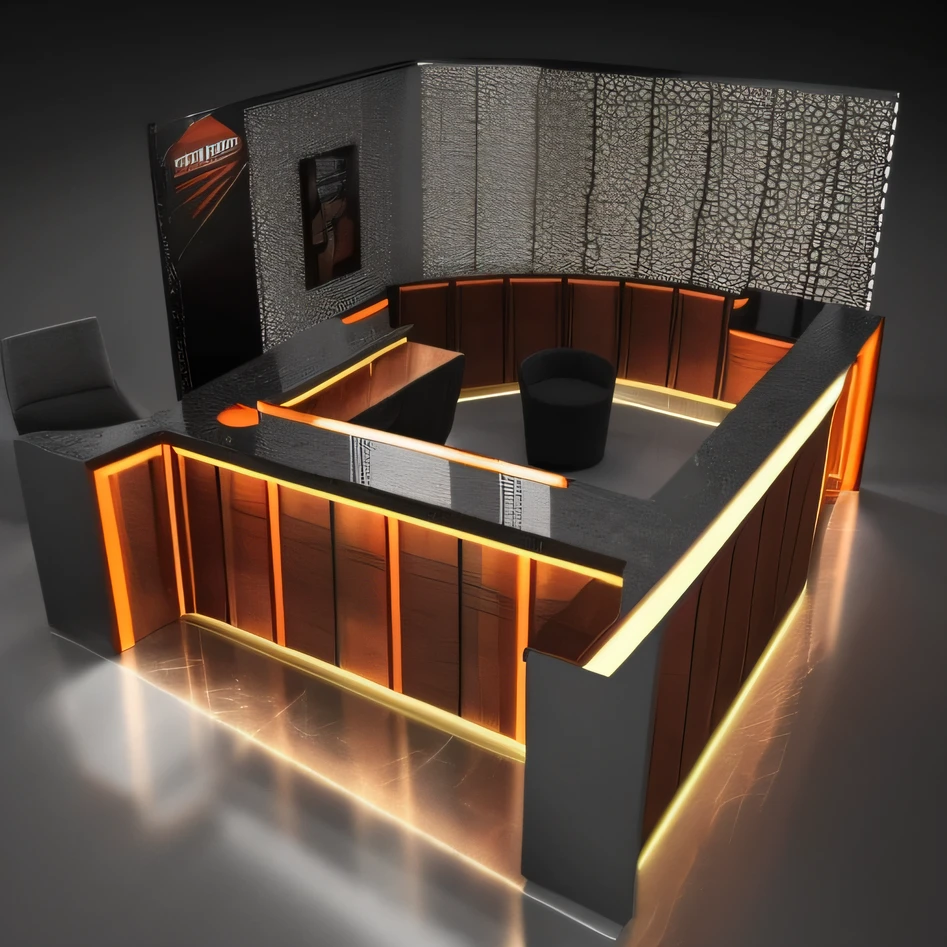 exhibition stand design, tables and chairs, night club space, bar, wine, beer and DJ playing music, orange black