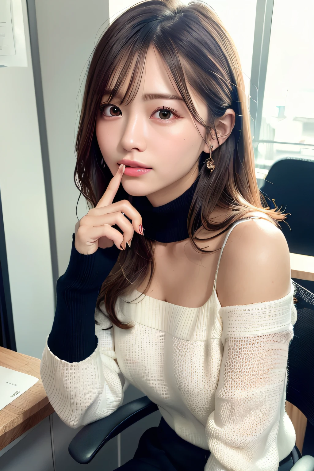 A Classy and Cute girl, {wearing a classy (white) knit sweater}, {(black) (long) ruffled skirt}, close the button, (hang one's employee ID card from one's neck), 
Detailed eyes, symmetric eyes, Light Brown eyes, Double eyelids, Thin eyebrows, Glossy lips, (gently smile:1.2), 
medium large breasts, (slender figure:1.1), firm abs, beautiful clavicle, 
(Dark blonde hair, wavy hair, long hair), (asymmetrical bangs), (looking sideway at viewer:1.2), (Focus on profile1.2)
BREAK, 
Sitting, (Bring index finger of one hand close to the Nose:1.2), inside the office desk, (neat and tidy desk), 
in the stylish office at night, ((Full body shot:1.2)), (from side), 
BREAK, 
(masterpiece:1.3), realistic, photo-realistic, RAW photo, beautiful detailed face, pale skin, realistic glistening skin, detailed cloth texture, detailed hair texture, Perfect body, Beautiful Face, accurate, Anatomically correct, Highly detailed face and skin texture, natural neck length, (beautiful hands), (fair skin:1.2), Thin legs, Thin feet,