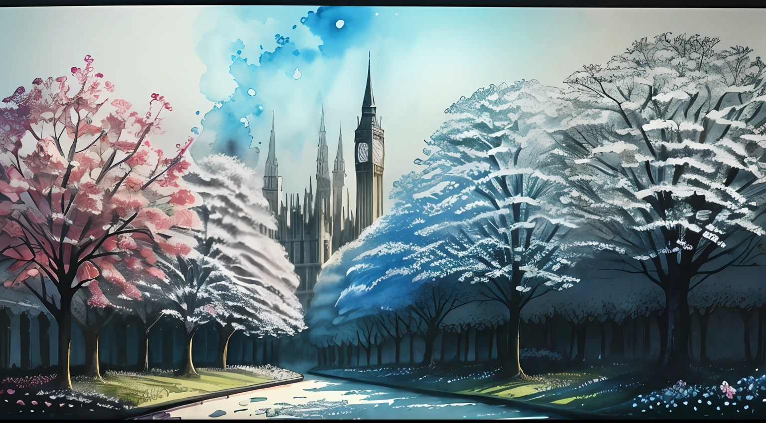 fractal art city of London trees flowers alcohol ink thin black outline coloured ink wash fractal art, watercolor illustration