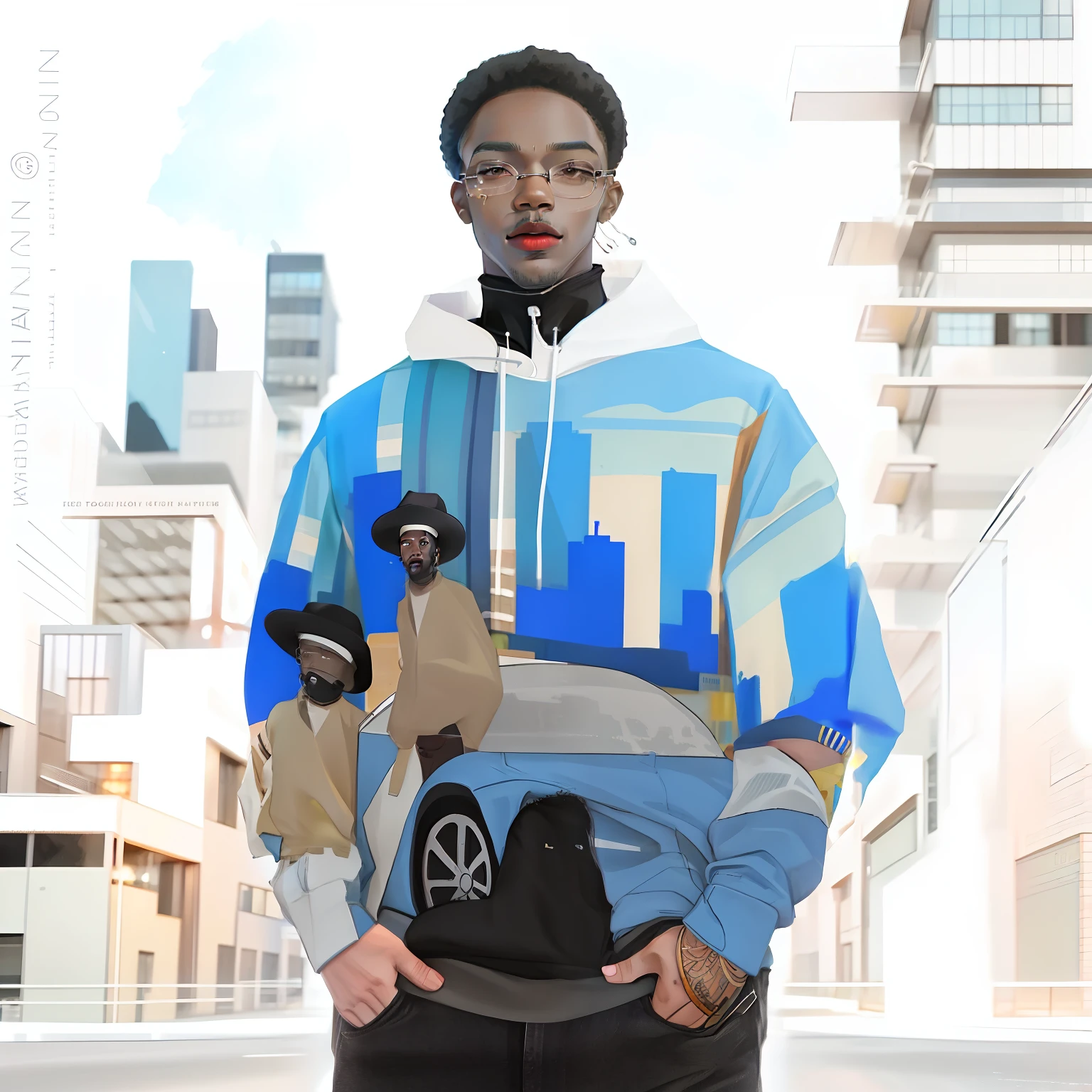 black man cartoon image with an urban area, modern building background.