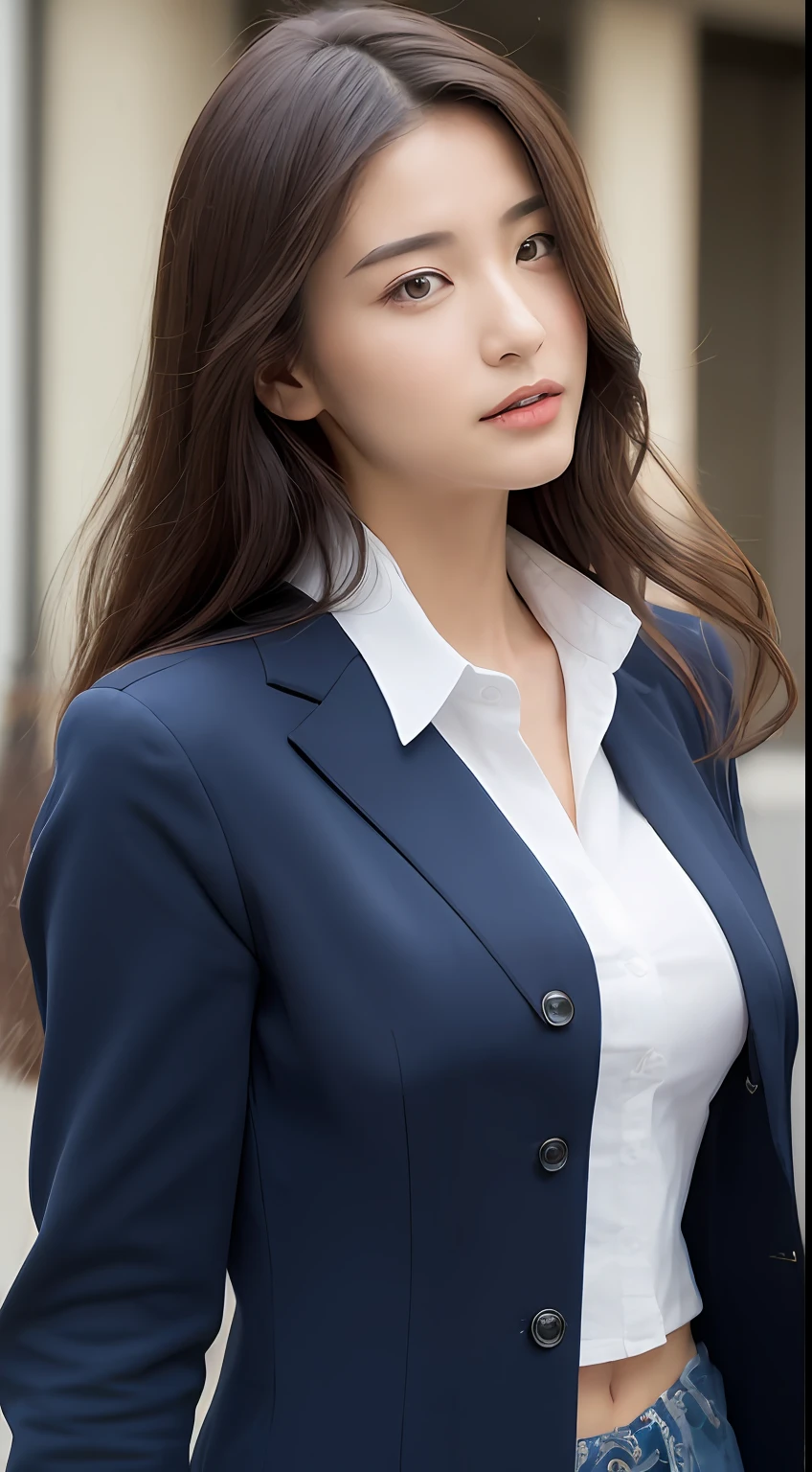 ((top-quality、8k、​masterpiece:1.3))、Crisp focus:1.2、Beautiful woman with perfect body shape:1.4、Slender abs:1.2、((layers-Cut、huge tit:1.2))、(Blazer button-up shirt over very thin white:1.1)、Street:1.2、Highly detailed facial and skin texture、A detailed eye、二重まぶた、