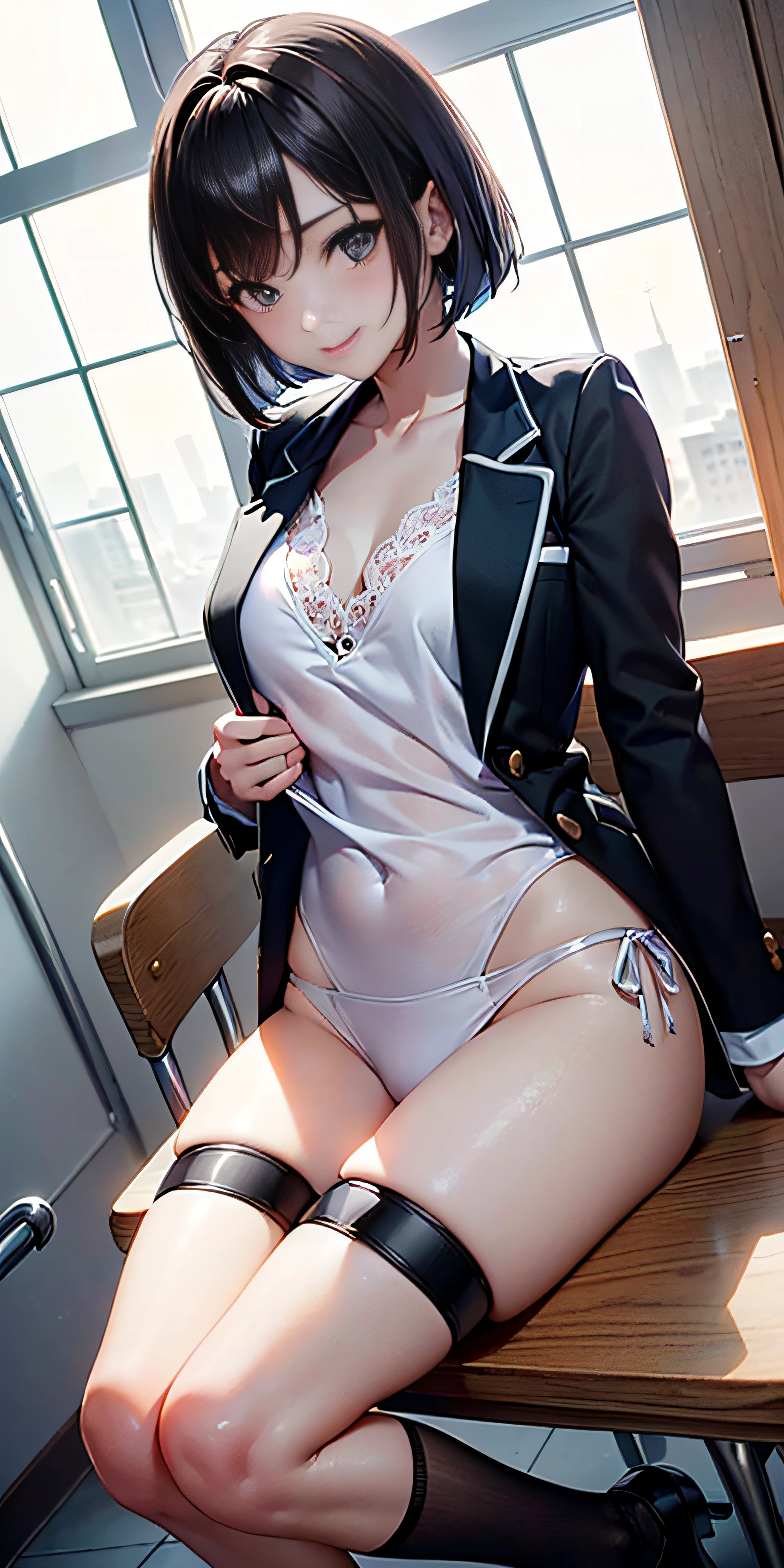 anime, estilo anime de mujer realista, (aegyo sal: 1), 18 years old girl, (blazer gris, cinta, minifalda plegada, calcetines, uniforme de escuela privada: 1.2), aula de secundaria, hermoso detalle en los ojos, (eye size: 3/4) luz en la cara, ((foto de cuerpo completo: 1.2)), luz especialmente fuerte, (ojos superiores, sonrisa sonriente: 1.2), piel brillante, (((cabello negro, cabello bob: 1.2))), (muslos gruesos), ulzzang-6500-v1.1: 0.2, bashful, (flash: 1.2), NSFW , (hinchado), ((postura seductora: 1.2, atractivo: 1.2)), (inactivo), (sentado en un escritorio en el aula: 1.2)), ((good anatomy: 1.2)), ((aula brillante y refrescante, fondo borroso: 1.2)), cara perfecta, cara linda y simetrica, (High Angle Shot: 1.2)s., Natural side lighting, ((8k, fotos RAW, calidad superior, obras maestras), High Definition RAW color photos professional close-up photos, (realista, fotorrealismo: 1.37), (highest quality), (mejores sombras), (mejores ilustraciones), Clavicles ((grandes)), ((erotic, sexy, ultra-high-resolution, 8K HD Unified CG Wallpapers, Physical representation, movie lighting), Canon EOS R50 camera 50mm lens
