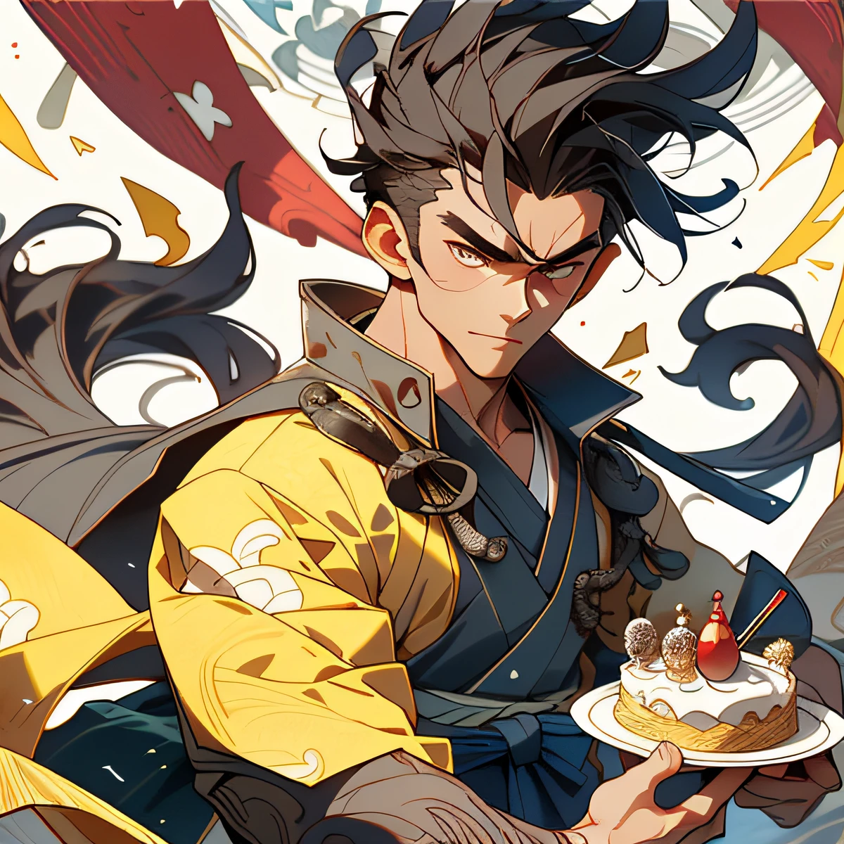 （closeup cleavage：1.1），The upper part of the body，1boys，Holding a birthday cake，独奏，longer sleeves，，haori，，hakama，komono，jacket，，
Architectural background
,,