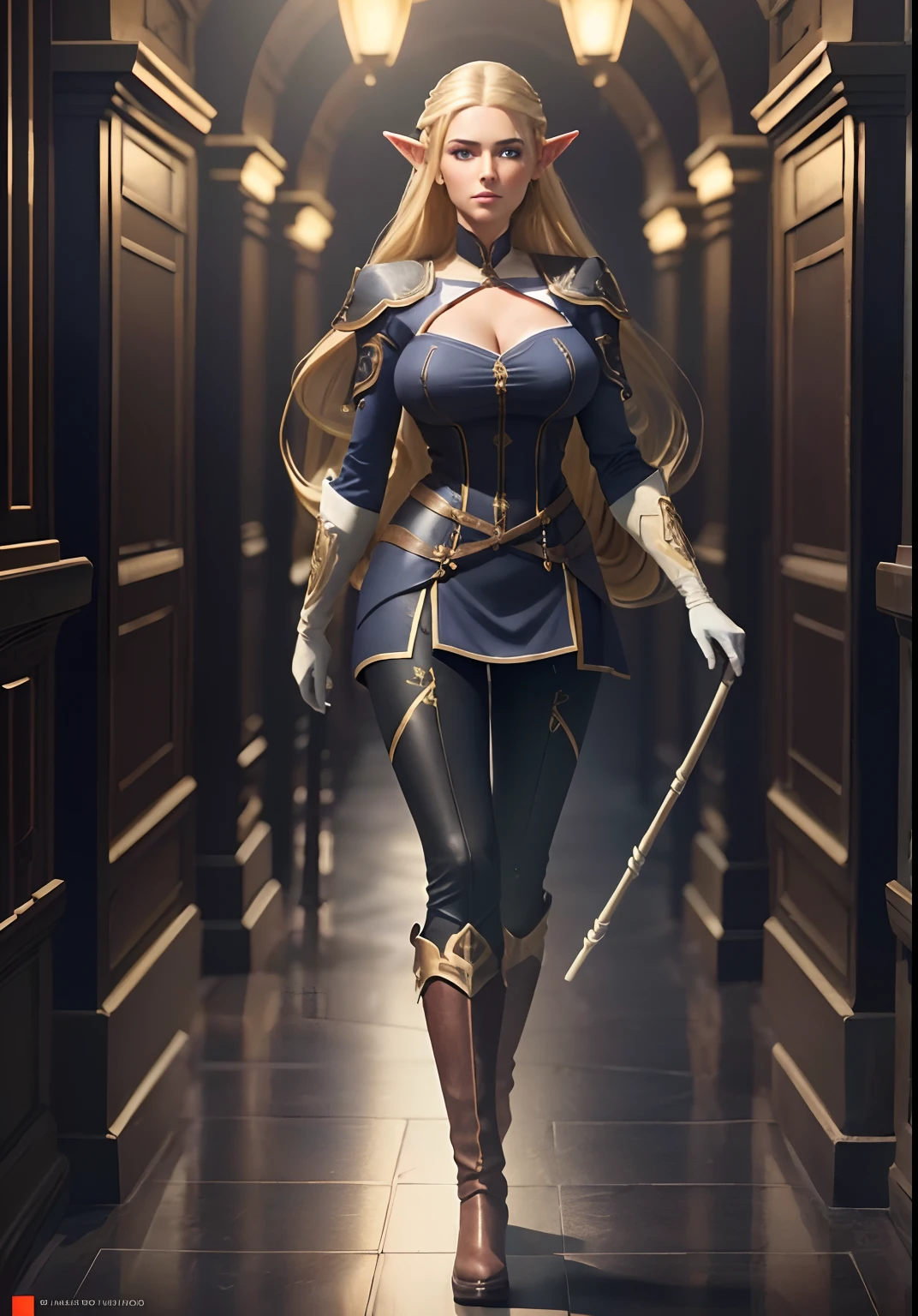 full body portrait of beautiful 1girl, (Zelda:0.4),solo, elf ((milf)), (very long) blonde hair, tied in a knot, dark blue uniform, black knee-high riding leather boots, leggings, Anime style photo, Manga style, Digital art, glow effects, Hand drawn, render, 8k, octane render, cinema 4d, blender, dark, atmospheric 4k ultra detailed, cinematic sensual, Sharp focus, hyperrealistic, big depth of field, Masterpiece, colors, 3d octane render, 4k, concept art, trending on artstation, hyperrealistic, Vivid colors, ((((looking right)))), huge breasts, palace corridor, blonde, (holding straigt thin cane:1.4), full body, gloves