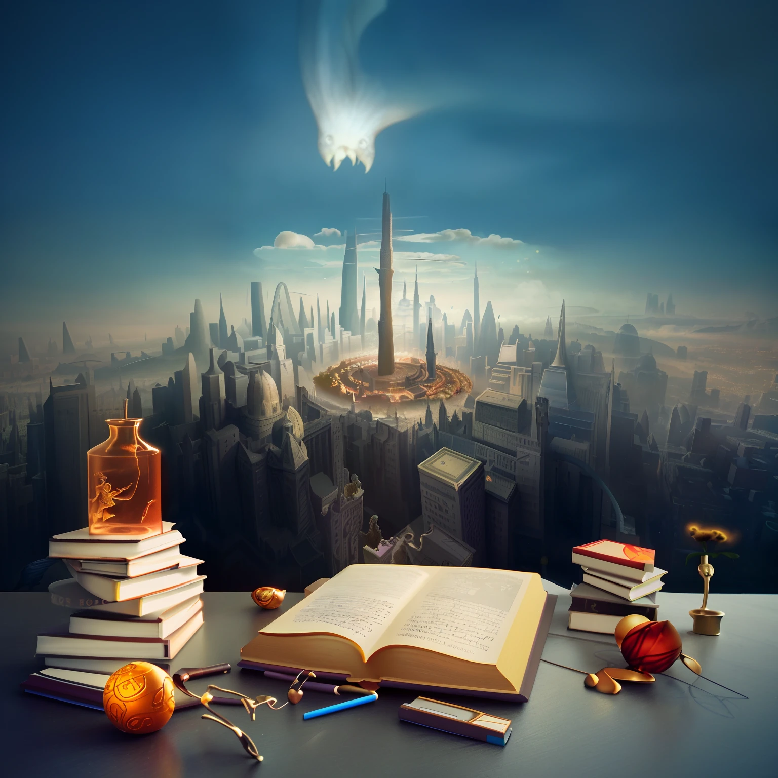 There was a book and a pencil on the table,The background is a city, Surreal cityscape background, detailed book illustration, 3 d epic illustrations, storybook realism, magic realism matte painting, optimistic matte painting, fantasy book illustration, book illustrations, Stylized urban fantasy artwork, awesome greate composition, highly detailed composition, Illustration matte painting, surreal 3 d render