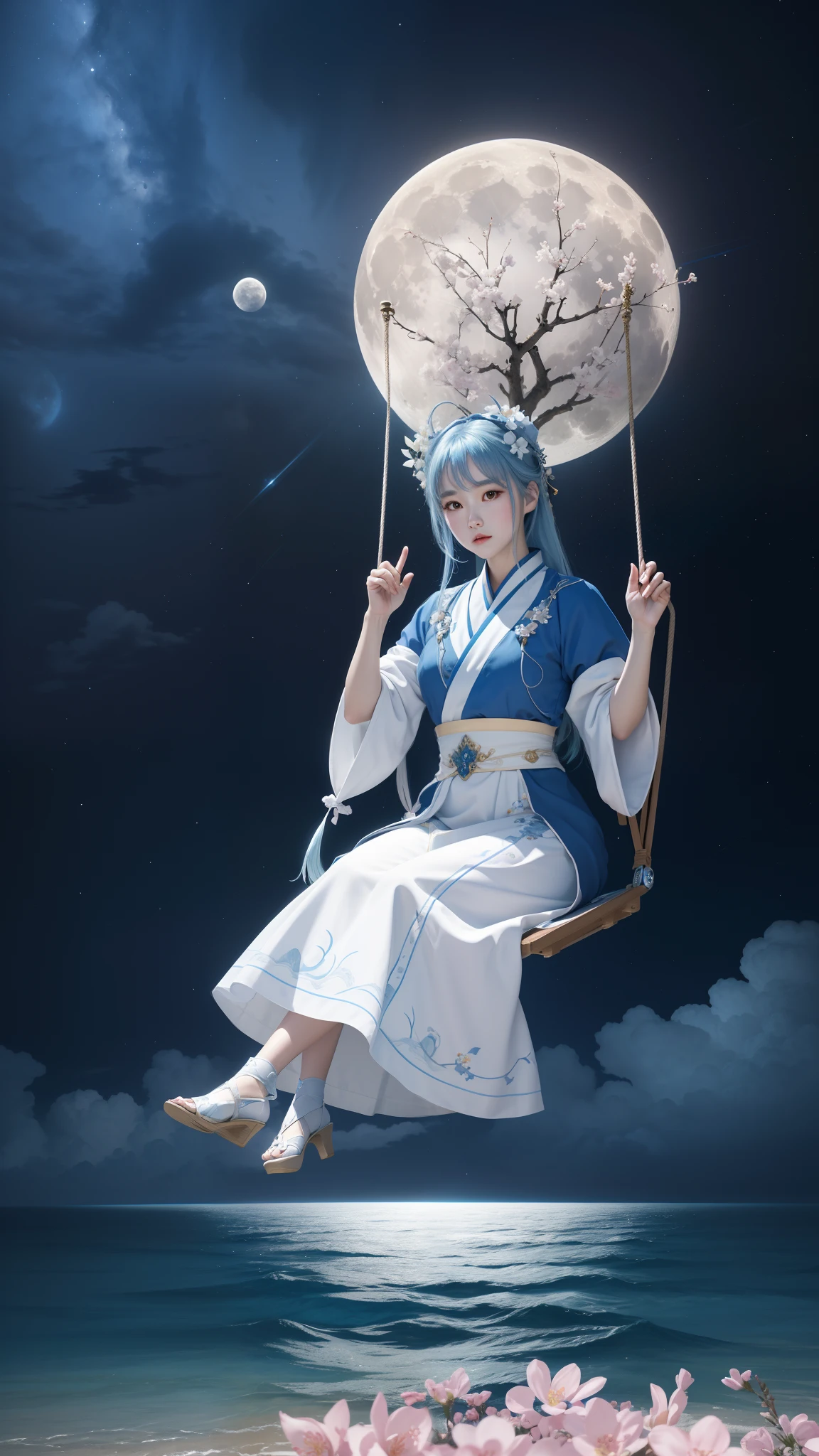 （in a panoramic view，magic realism，surrealism，Chiaroscuro, anime illustration：1.5，，Masterpiece, hyper HD, Super detail, High details, Best quality, A high resolution, A high resolution, Award-Awarded, Award-Awarded, Anatomically correct, 8K），（Delicate anime girl：1.5，blue hairs，sitting on a swing：1.5，​​clouds，the sea，Close-up peach blossoms，There is a huge moon suspended in space，The moon has blue osmanthus flowers：1.5，Peaceful night sky in the background，Starcloud），（ Chic girl，anatomy correct，Cinematic lighting，senior color matching）（in a panoramic view，Whole body diagram：1.5），(8K, RAW photo, Photorealistic:1.25) ,( Gloss on lips, eyeslashes, gloss face, Glossy glossy skin, best qualtiy, 超高分辨率, depth of fields, color difference, Caustics, Wide light, naturalshadow, Headgear, Kpop idol) ，White and blue style：1.5，1girll,，Goddess of beauty，A flowing dress，conservative girl，cloud goddess，Flowing blue and white patterned fabric，wearing flowing dress，Realistic， (Wind: 1.5)，(full bodyesbian:1.5)，（Anime girl with blue hair and corolla blue and white dress，palaces，hanfugirl），（Guviz-style artwork，Guvitz，inspired by Leng Mei，A beautiful fantasy queen，Inspired by Lee Mei Shu，Popular on CGstation，Inspired by Ai Xuan，Blue and white Hanfu，High heels，a beautiful fantasy empress：1.5）