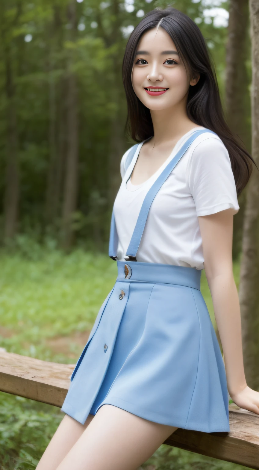A beautiful and cute girl, full body photograph, extremely beautiful and delicate, Black hair, sweet smile, delicate beautiful fair skin, realistic and realistic, Exquisite and perfect facial features, detailed facial portrayal, high nose bridge, flowing silky hair, extremely delicate hair, Soft temperament, D-size breasts, face light, Tall, thin, Real, Hyper Real, full-body lens, Front tilt angle, ultimate picture quality, highest precision, accurate and perfect human body structure. The blue sky and white clouds, Sitting in the woods, The blue sky and white clouds, sunlights, (suspenders, mini-skirt) White panties are clearly visible., Messy Hair, physical rendering, exquisite clavicle, large full breasts