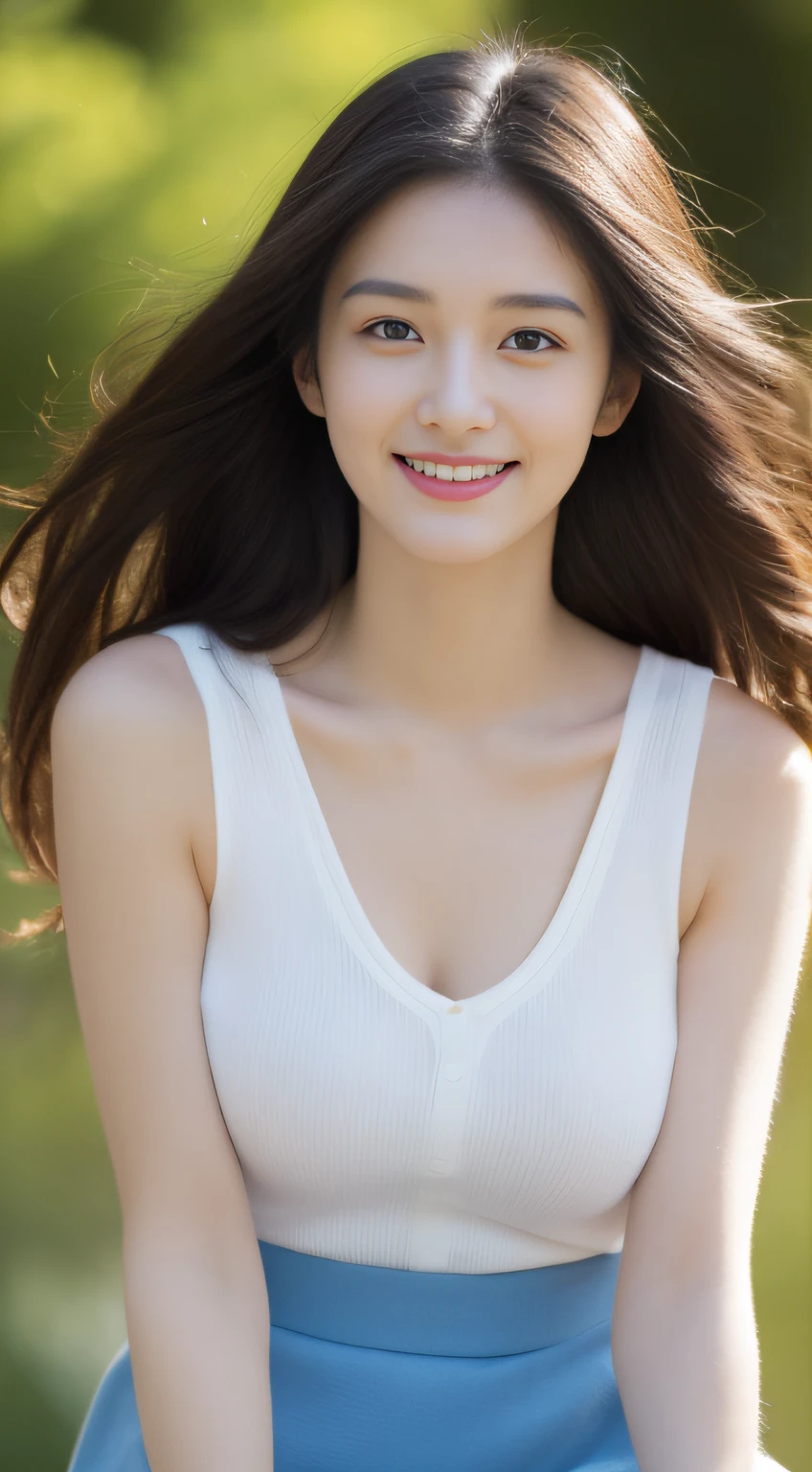A beautiful and cute girl, full body photograph, extremely beautiful and delicate, Black hair, sweet smile, delicate beautiful fair skin, realistic and realistic, Exquisite and perfect facial features, detailed facial portrayal, high nose bridge, flowing silky hair, extremely delicate hair, Soft temperament, D-size breasts, face light, Tall, thin, Real, Hyper Real, full-body lens, Front tilt angle, ultimate picture quality, highest precision, accurate and perfect human body structure. The blue sky and white clouds, Sitting in the woods, The blue sky and white clouds, sunlights, (suspenders, mini-skirt) White panties are clearly visible., Messy Hair,  physical rendering, exquisite clavicle, large full breasts