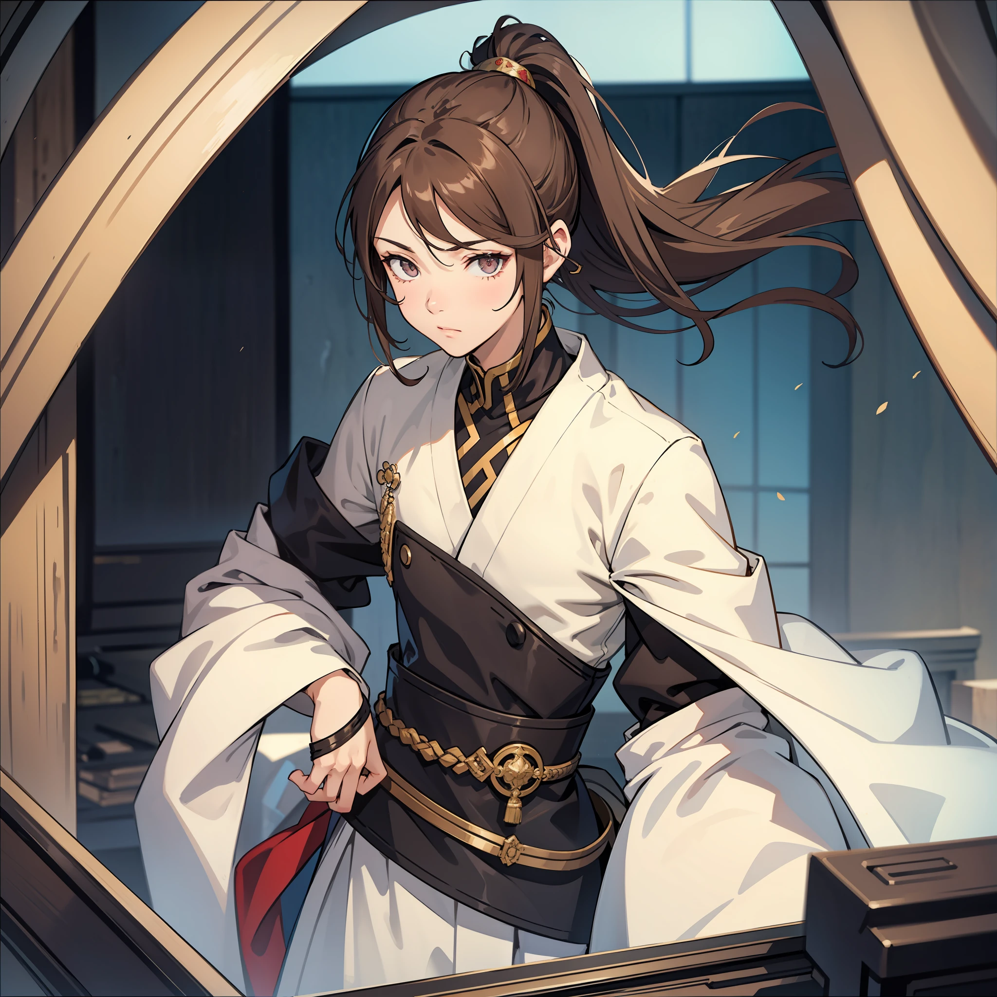 brunette color hair,Dull hair,Low ponytail,Hair in front of the ears,Pupil dilation,Boys and Men,style of anime,The is very detailed,anatomy correct,solo person