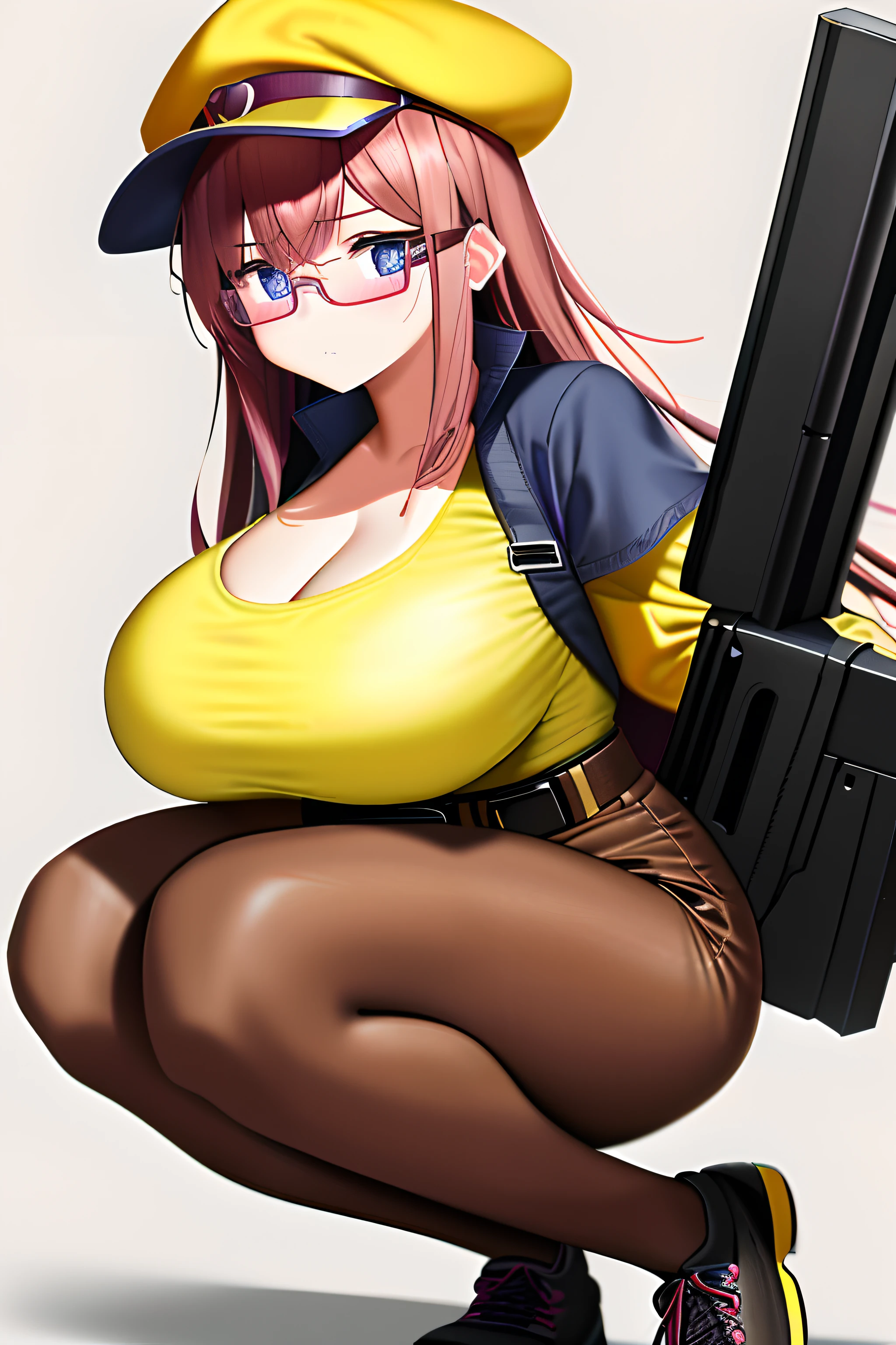 1 Girls wear yellow tops，Dark brown belt，Light brown leggings，Magenta shoes， a mature female， Best quality at best， （：0.2）， （gigantic cleavage breasts：1.0），He has crimson hair，Yellow cap，Wear heavy-duty blue glasses，Equipped with electromagnetic rifles，Verism, cubismo, Realism