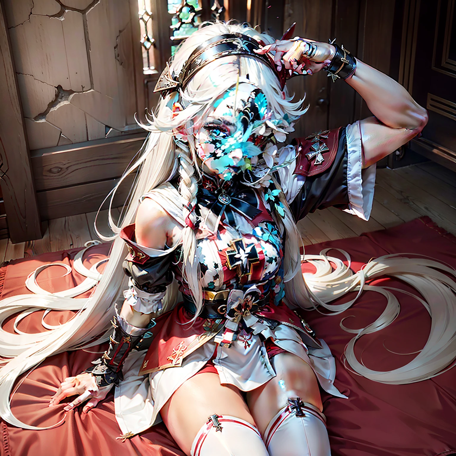(best quality), (masterpiece), very aesthetic, absurdres, high res, all detailed, realistic, (two side up), long hair, silver hair, (red pencil Dress, One side shoulders armor with Cape, pencil miniskirt:1.2), boots, medium cleavage, [white panties], [black thigh-highs], (injury skin, scar skin, bleeding skin, torn clothes:1.15), Broken Armor, cloth pieces, BREAK NSFW, solo, 1girl, (Huge spiderweb, bondage, [white spider silk], bound limbs, restrained:1.16), lying, on side, (closed eyes, cry, tears), sigh, blush, sweat, (indoors, Room full of spider webs, prison), cinematic lighting, diffraction spikes, three quarter view